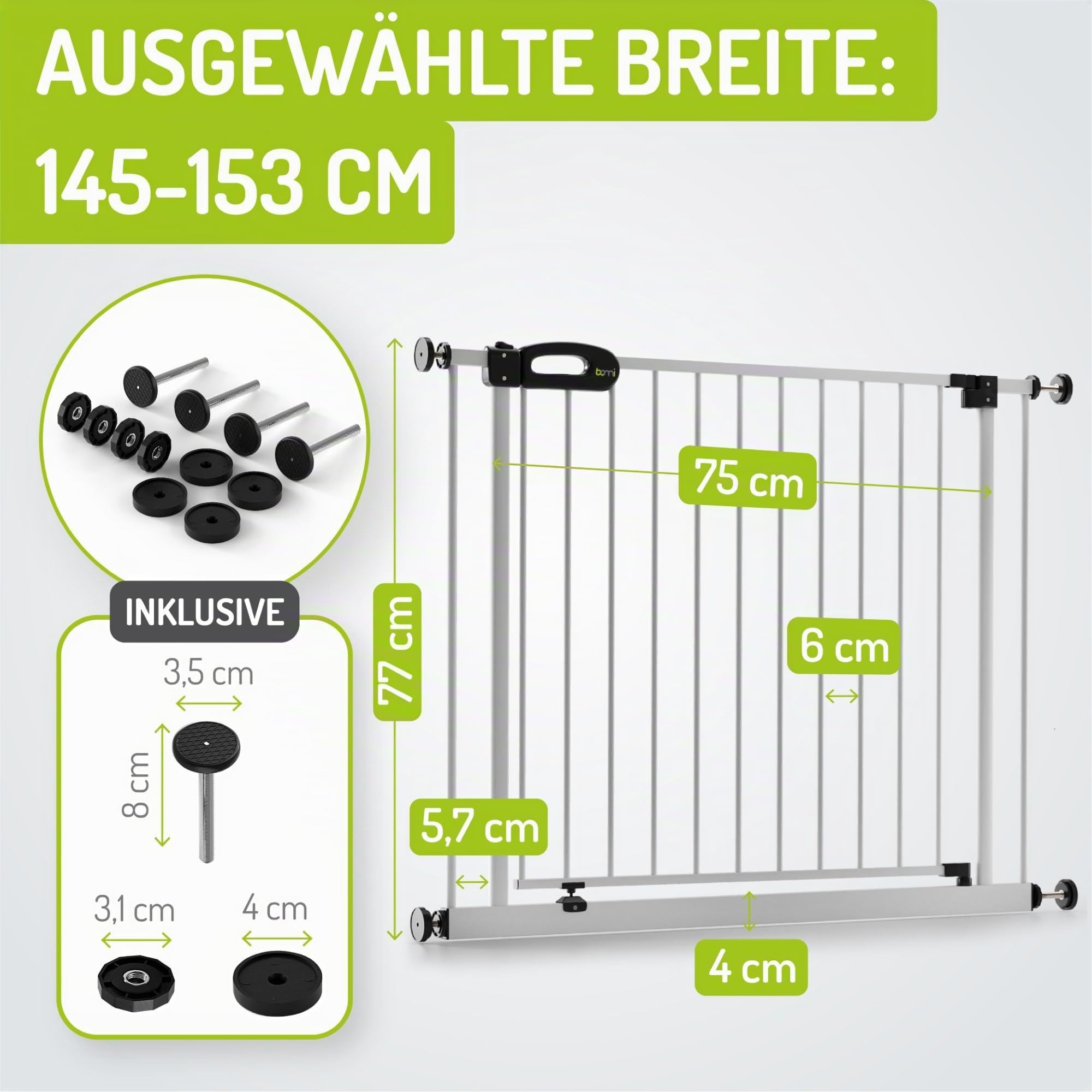 BOMI TÜV GS Siegel Treppengitter für Kinder Merle | Zum Klemmen | 90 Stop | Schließt automatisch | Kinderschutzgitter Weiss öffnet in beide Richtungen | Tür- & Treppenschutzgitter | Breite 145-153 cm