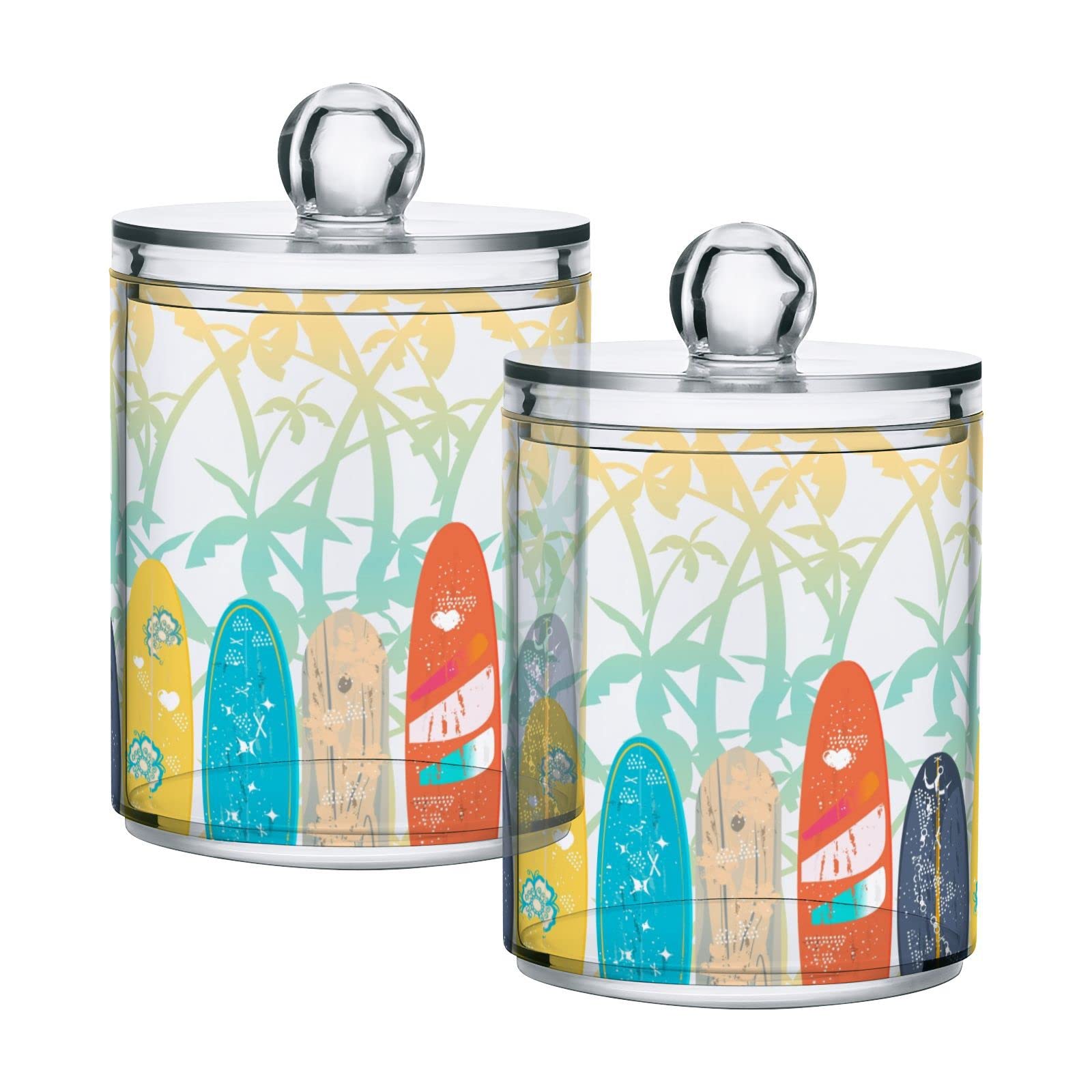 susiyo 2 Pack Bathroom Vanity Storage Organizer Canister Palm Trees Surf Boards Plastic Apothecary Jar Containers Qtip Holder Dispenser for Cotton