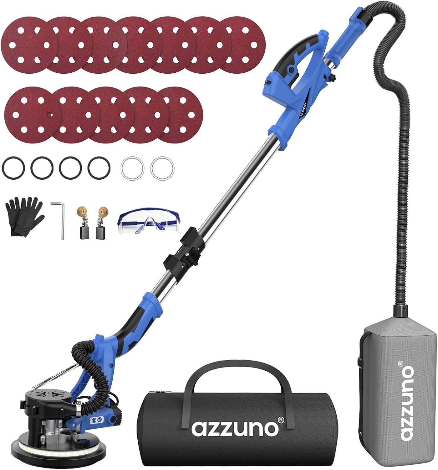 AZZUNO Drywall Sander, 12A Popcorn Ceiling Removal Tool, 5-Speed 800-1900RPM Drywall Sander with Vacuum Dust Collector, LED Light & 12pcs Discs, Foldable/Extendable Handle Sky Blue