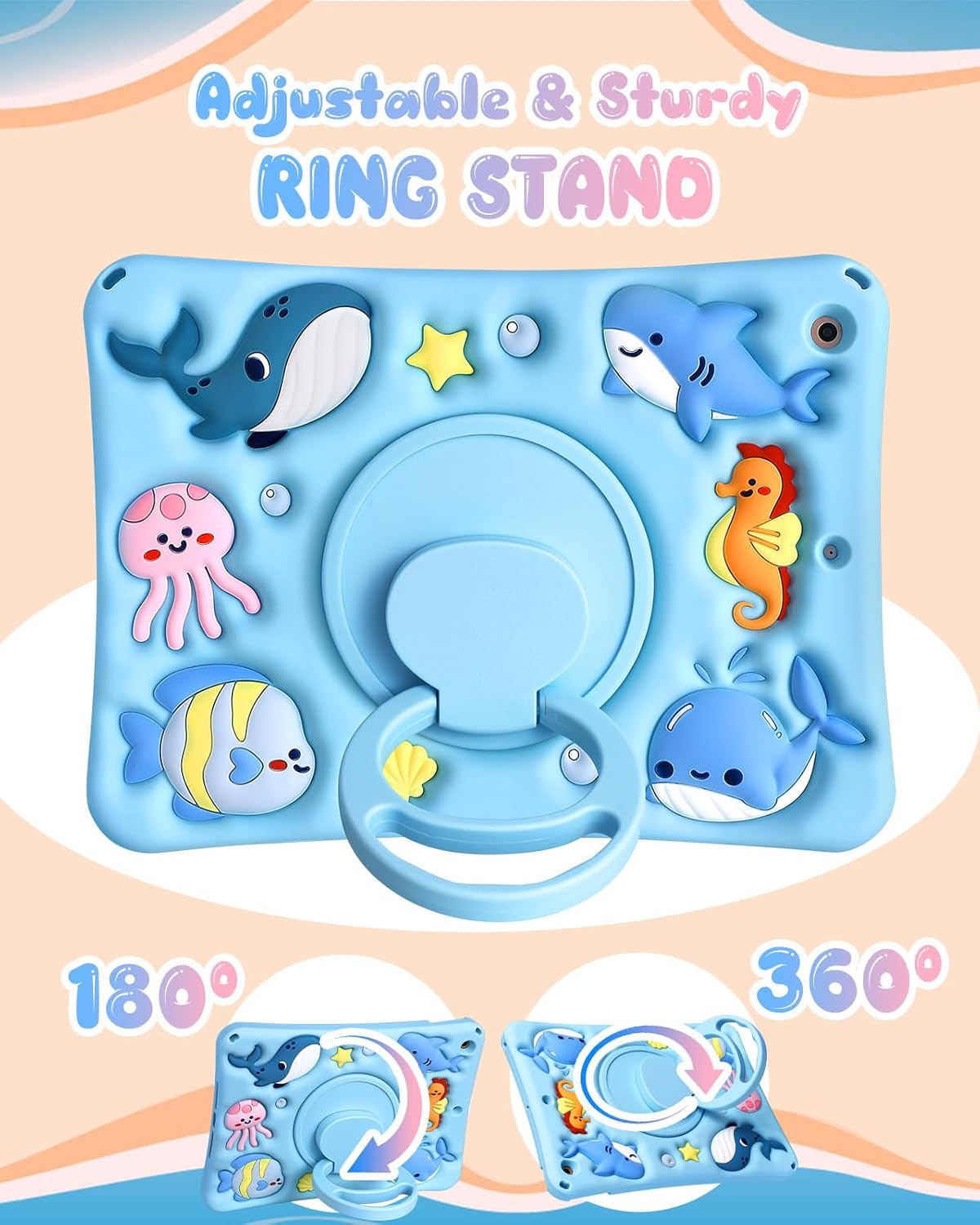 for iPad 9th/8th/7th Generation Case 10.2 Inch - Girls Boys Cute Kawaii Girly Cover 3D Cartoon Ocean Design with Rotating Stand & Strap Silicone Blue Cases for iPad 7/8/9th Gen 2019 2020 2021