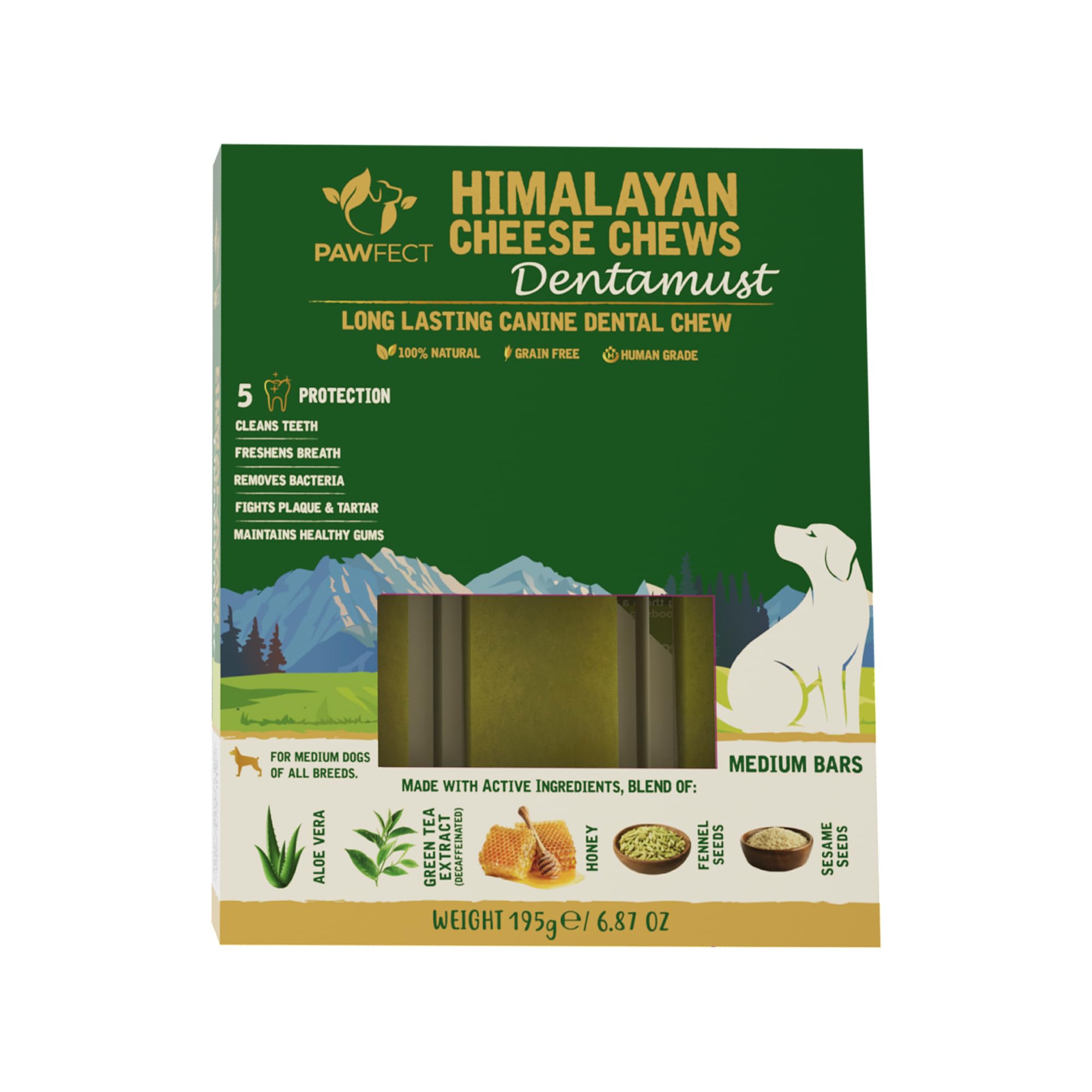Pawfect Dentamust Himalayan Yak Cheese Chew with Aloe, Honey & Green Tea for Medium Dogs- Long Lasting Dental Chew with Superfoods -100% Natural, Multi Functional Dental Treat- Pack of 3 (195g/6.88oz)
