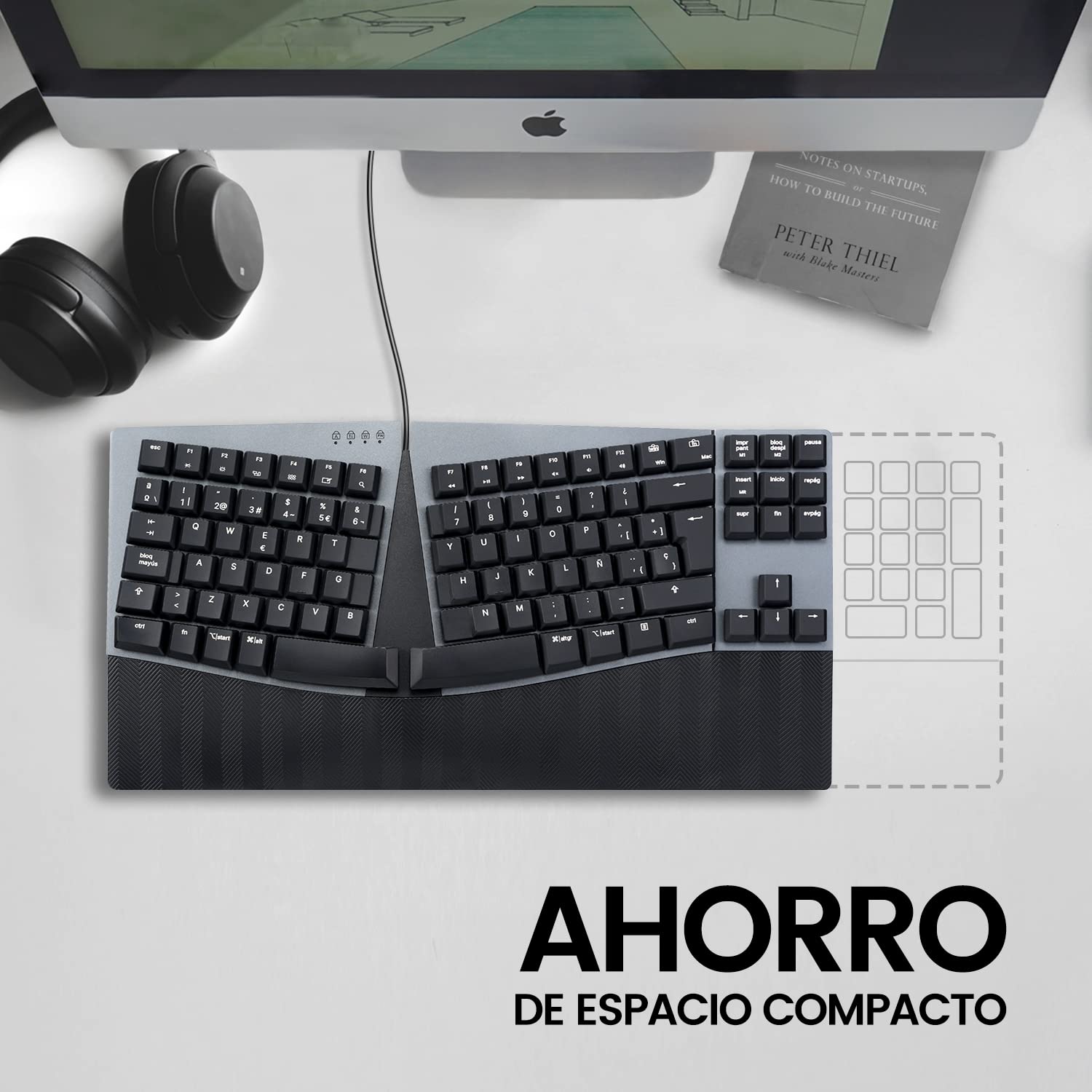 Perixx PERIBOARD-335RD ES Teclado compacto mecánico ergonómico con cavo - Interruptores lineales rojos de perfil bajo - Teclas programables - Compatibile con Windows e Mac OS X - Teclado español con ñ