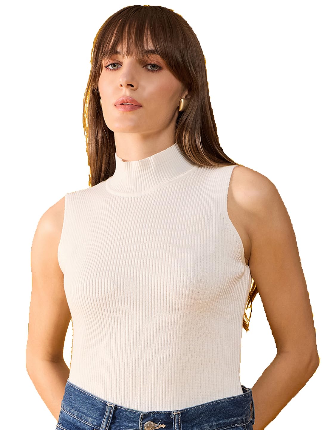 98 north 98 Degree North Women Cotton Self Design Turtle Neck Sleeveless Top-RG11124-WHITE-picture-36