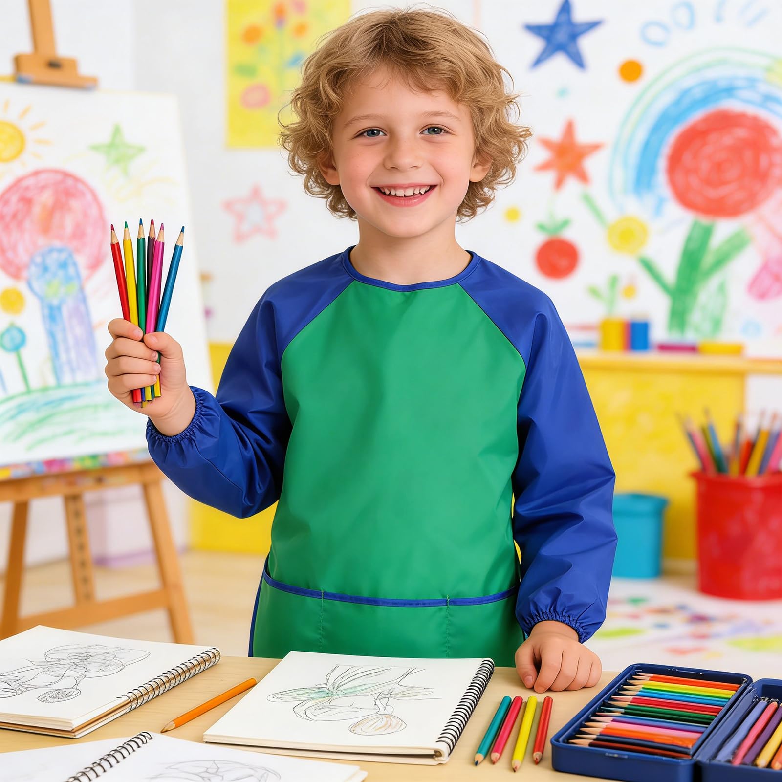 Kinder-Kittel mit langen Ärmeln, 3 geräumige Taschen, für Künstler und Kinder, für Kinder im Alter von 3–8 Jahren, Kochen, Malen, Basteln