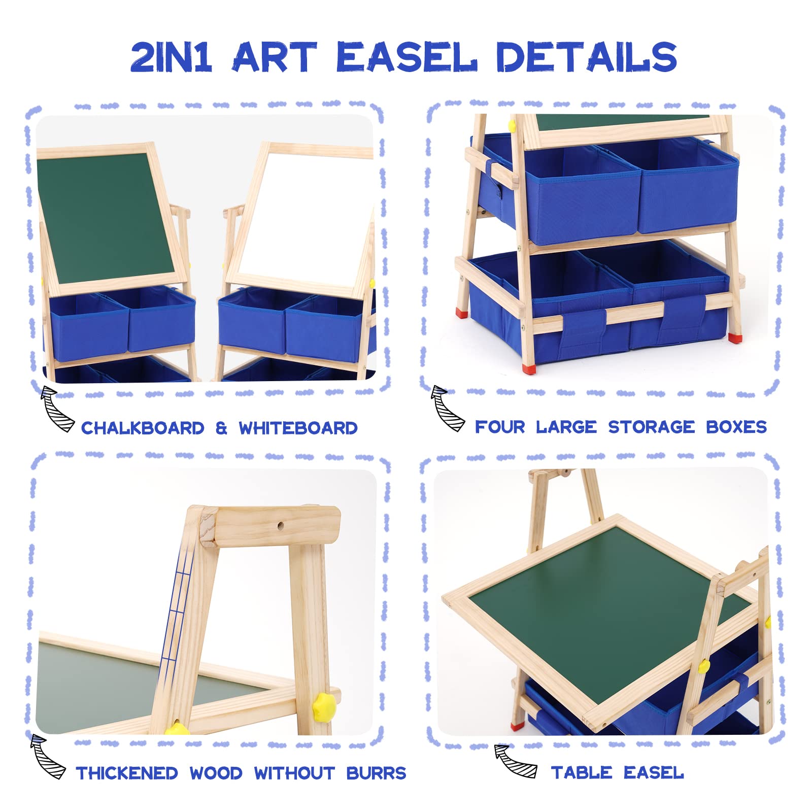 Pizarra infantil de madera con 4 cajones de tela, pizarra blanca de doble cara y pizarra Plegable Ajustable en altura Caballete infantil giratorio con números y otros accesorios para niños