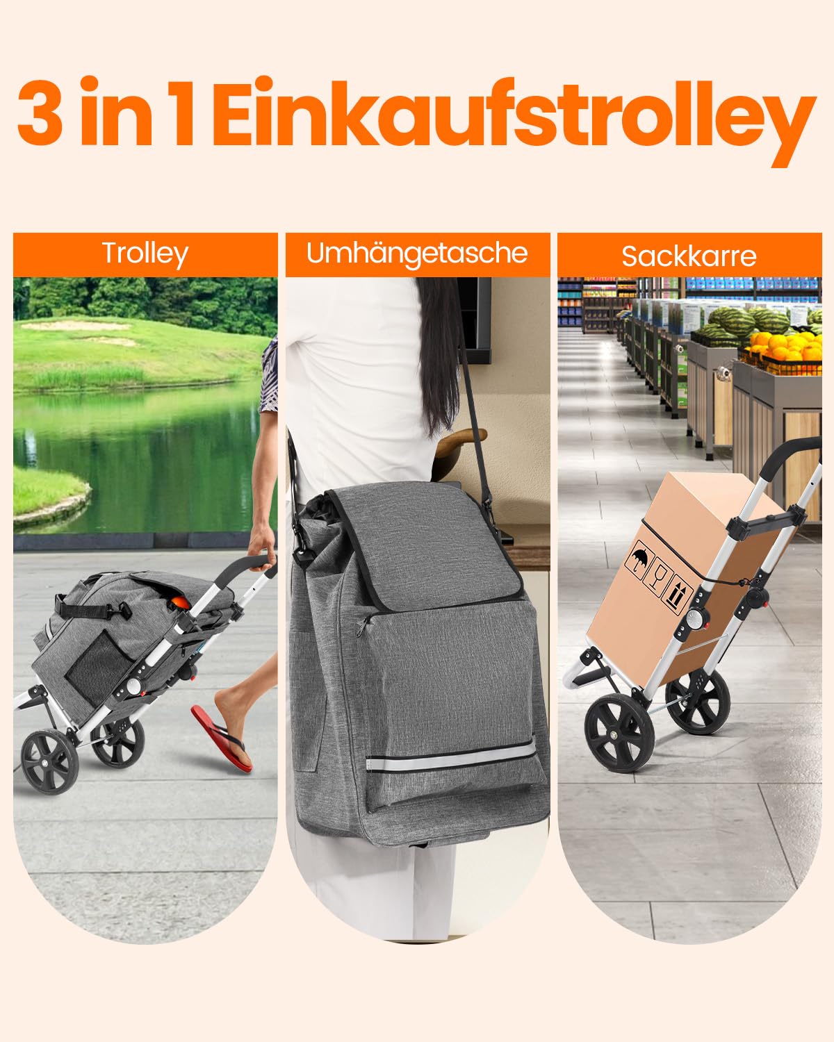 Homecall Einkaufstrolley klappbar Einkaufswagen mit 50L + 5L kühlfunktion Bis 50KG, Einkaufstasche mit Rollen 3 in 1 Shopping Trolley & Sackkarre & Umhängetasche (Dunkelgrau, Standard)