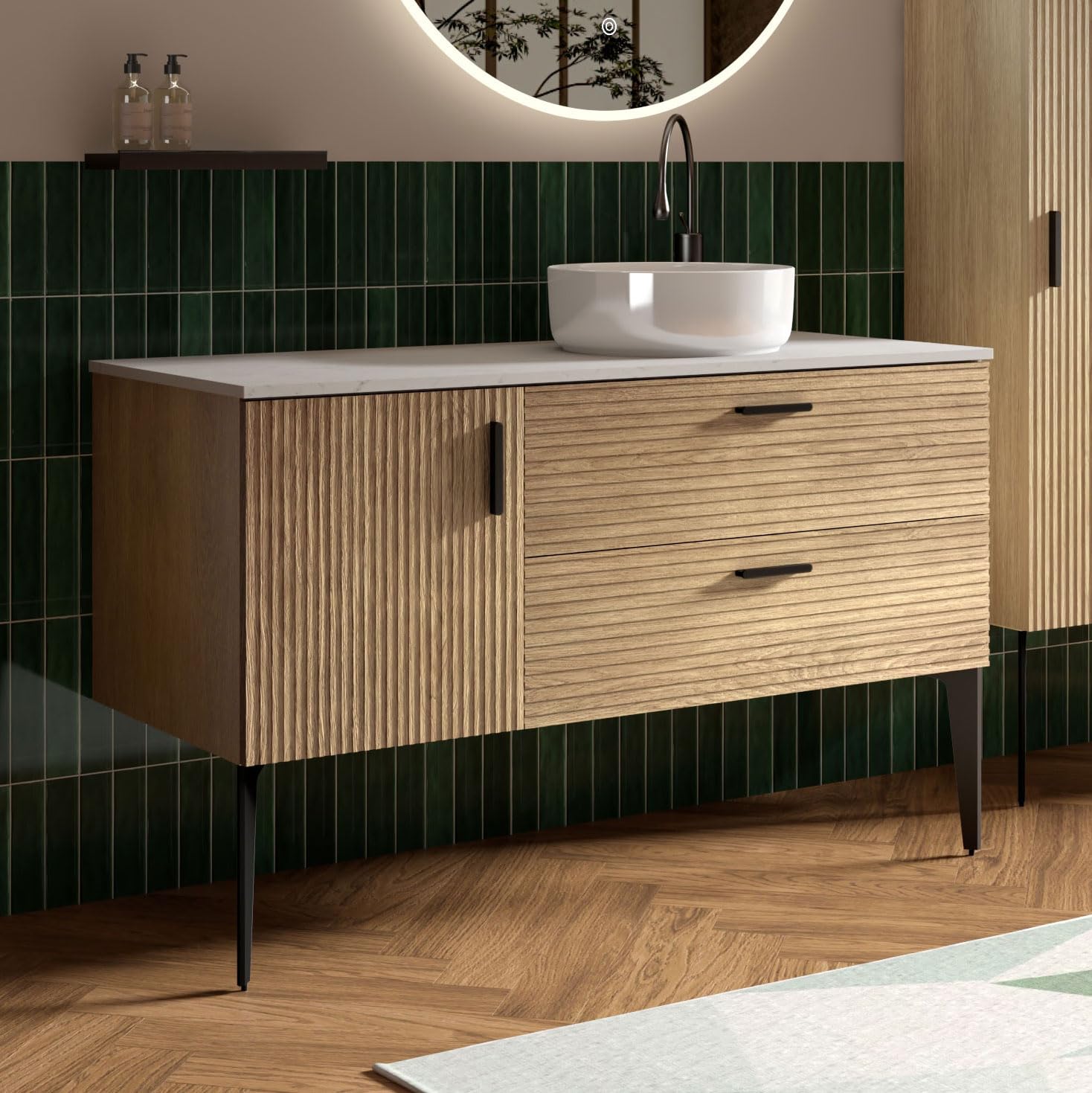 CITTANEO 48 Inch Bathroom Vanity with Sink, Modern Striped Bathroom Cabinet with Engineered Stone Top, Soft-Closing Drawers, 1 Door, Large Storage for