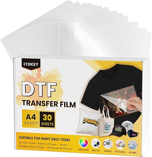 ITOKEY DTF Transfer Flim, papel de sublimación para camisetas (A4 PET mate, 30 hojas), papel de transferencia de calor imprimible para tela oscura,