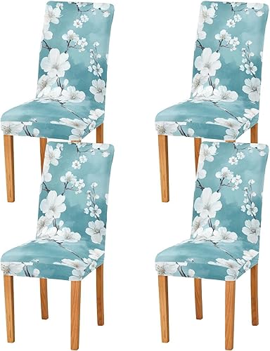 Safari White Cherry Blossom Teal Decorative Chair Covers for Wedding for Home, Restaurant, Banquet Anti-Dust Seat Covers for Dining Chairs