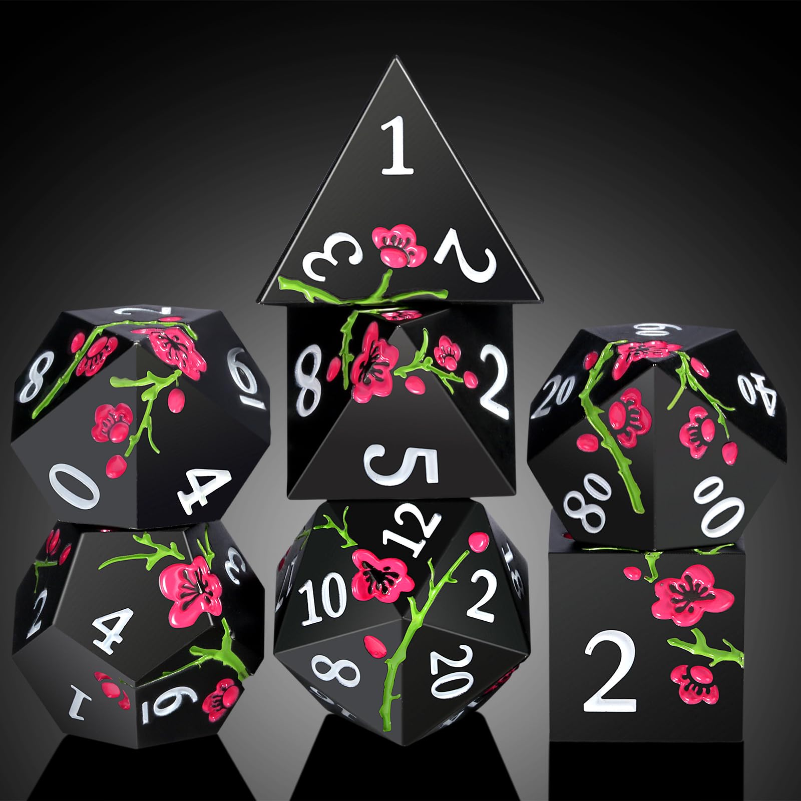 DNDND Lot de 7 dés en métal D&D, DNDND – Jeu de dés DND métallisés à motif floral avec étui cadeau pour jeu de table Donjons et dragons (noir mat avec fleur rose)