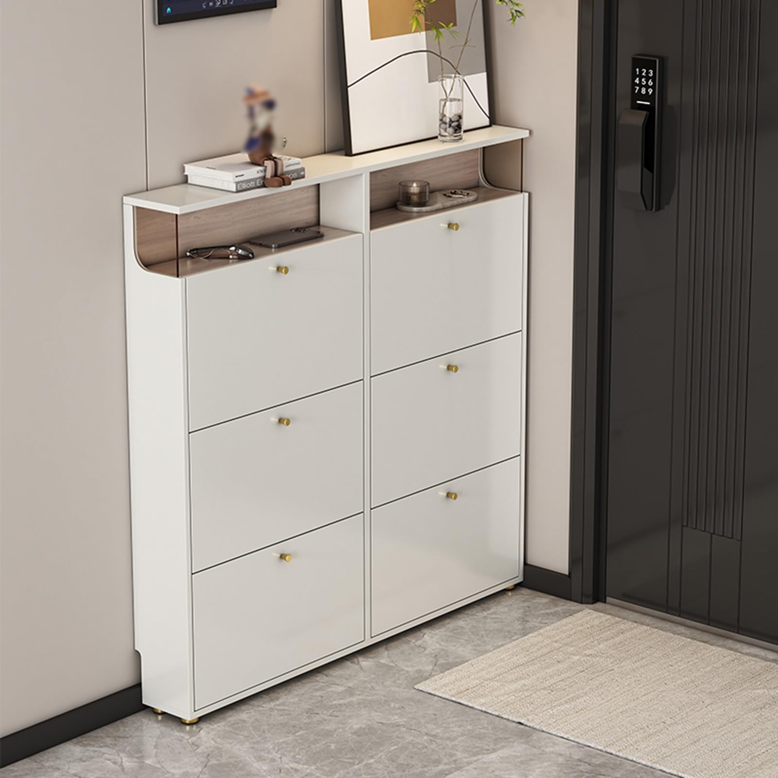 Schuhschrank Mit 6 Klappen, Vertikales Schuhablage, Multifunktional Schuhablage Schuhaufbewahrung, Platzsparend, für Flur, Wohnzimmer, Schlafzimmer(119x100x17cm/46.9x39.4x6.7in)