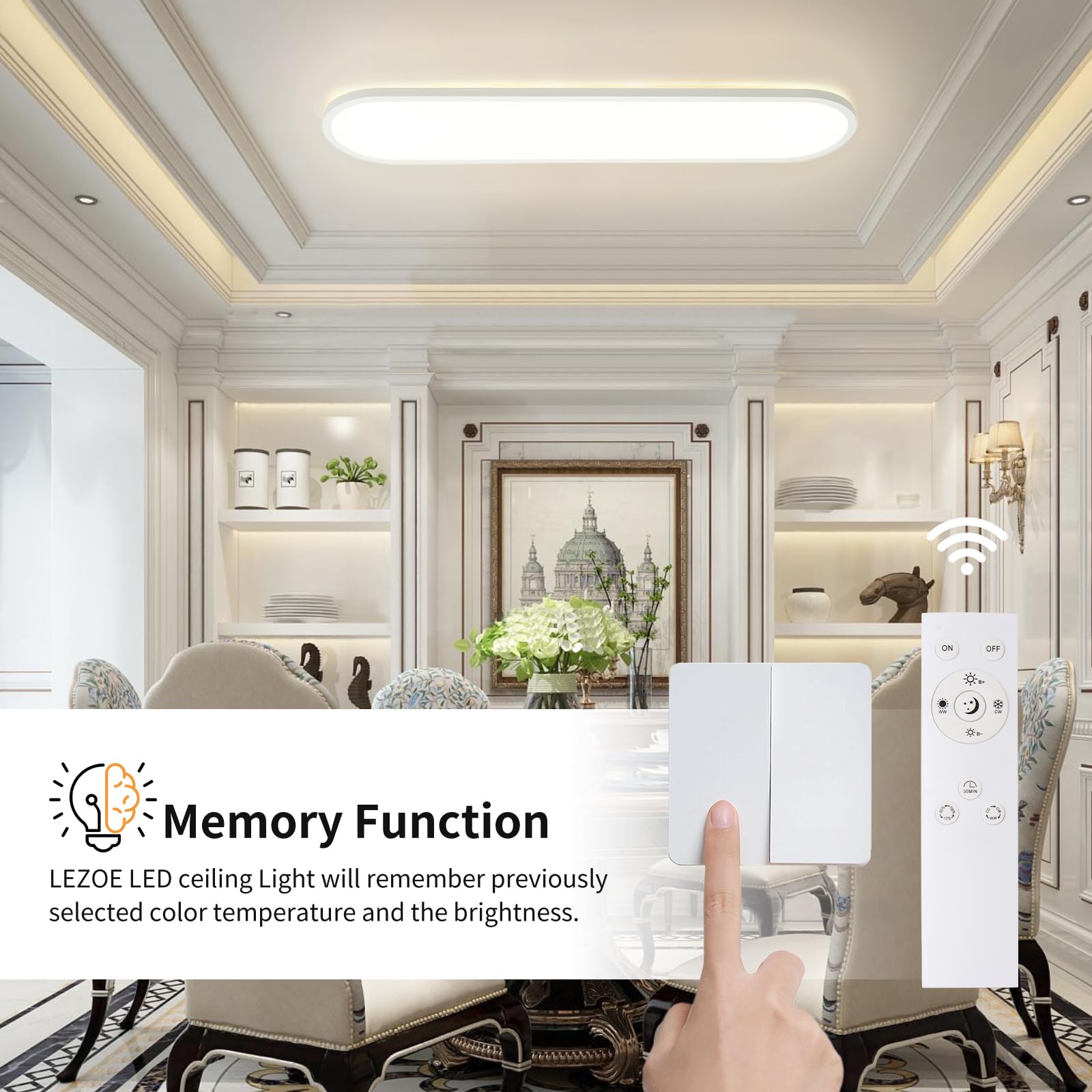 LEZOE Lámpara de techo LED, regulable con mando a distancia, 60x20x2,9cm, 24W 3000 lm 2700K-6500K con función de memoria, ideal para oficina, salón, dormitorio, baño, cocina y despacho ovalada