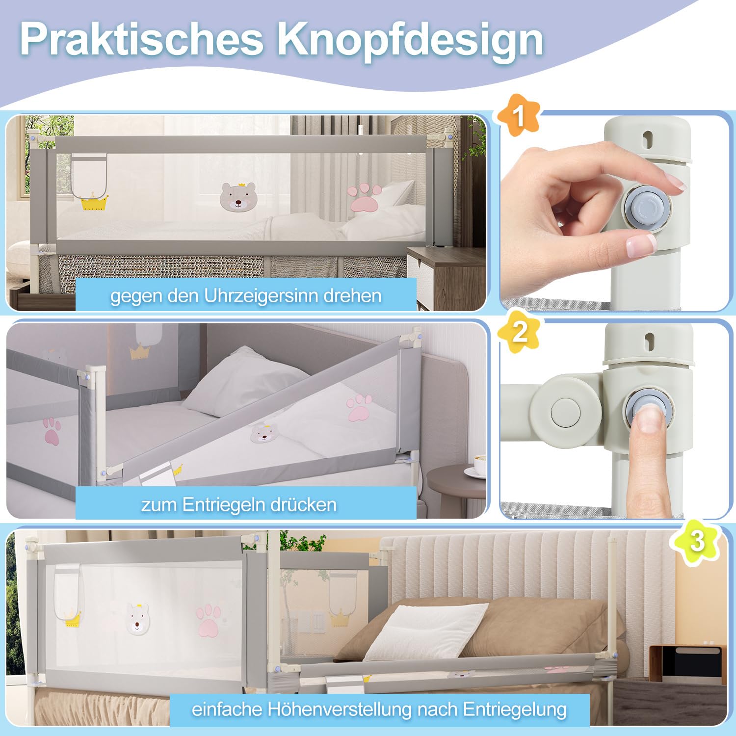 Barierka ochronna do łóżeczka dziecięcego, ochrona przed wypadnięciem, z regulacją wysokości 70-98 cm, szara