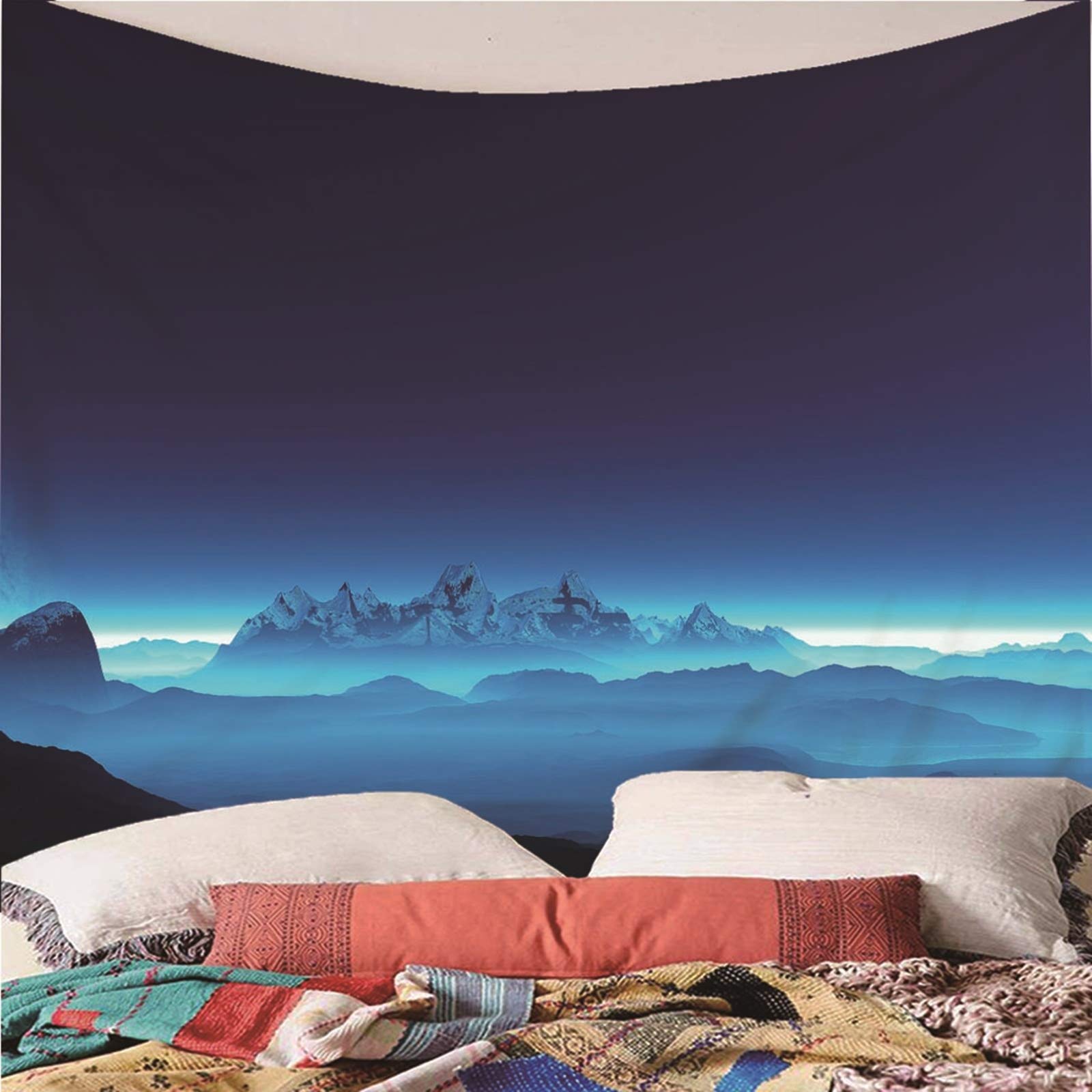Tapiz Chic Suelo De Habitación Paisaje Montaña Azul Negro Pared Tela Pequeño para Decoración Sala Estar del Dormitorio 260X240Cm