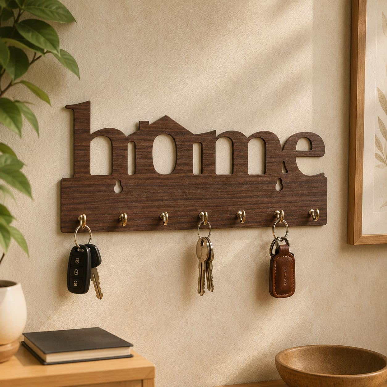 Home Shape Wall Mounted Key Holder for Wall | Metal Key Stand with 7 Hooks | Decorative Key Hanger Organizer for Home Entrance, Living Room & Office | Stylish Wall Decor Key Rack Black (Brown)-image-8
