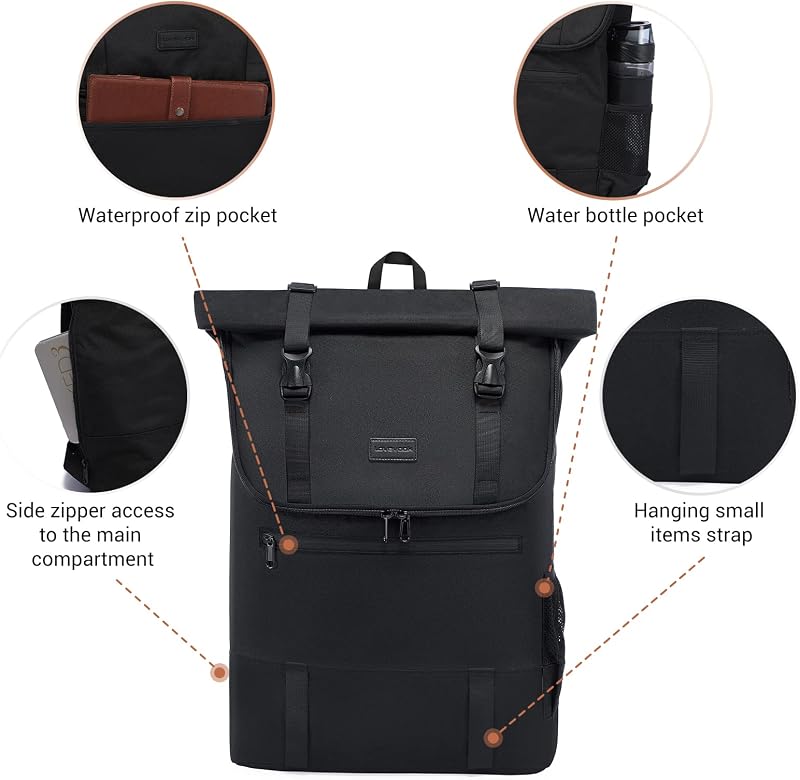 LOVEVOOK Vízálló Laptop Hátizsák 17,3" - Bővíthető Rolltop Utazó Táska 32L, Lopásgátló Zsebbel, Bőröndre Rögzíthető, Fekete