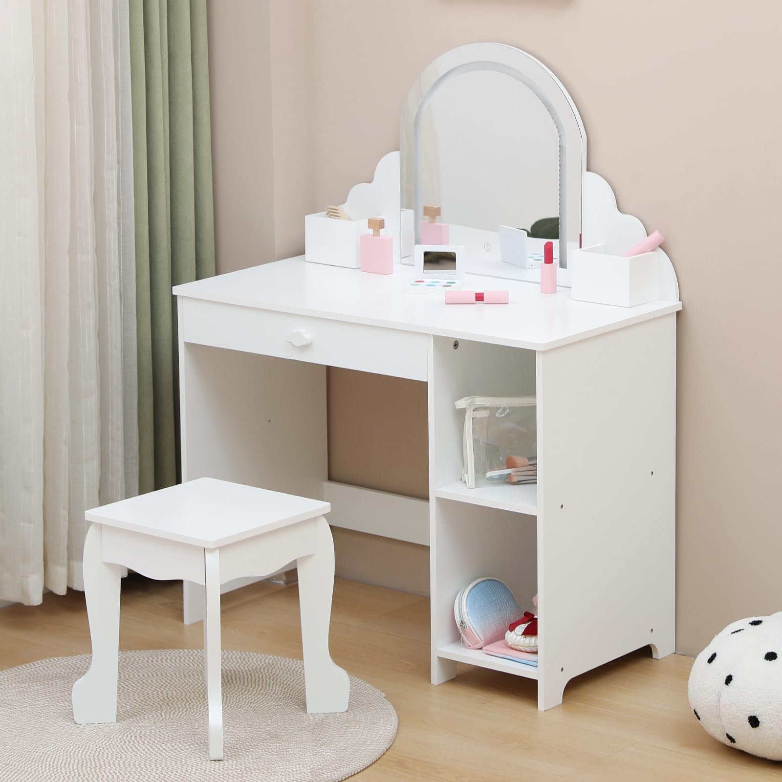 Zstar 2-in-1 Kinder Schminktisch LED Spiegel Hocker Zubehör | Weißer Frisiertisch mit höhenverstellbarem Licht, Schublade, Regal und Make-up Zubehör