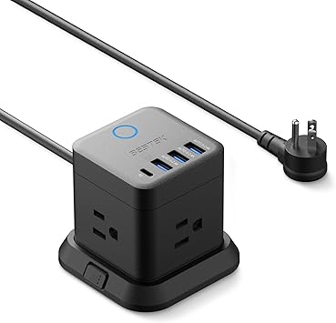BESTEK PD20W Power Strip Tower with USB, Vertical Cube Mountable Power Outlet Extender with 3 Outlets, 3 USB-A & 1 USB-C Ports, 5-Foot Extension Cord and Detachable Base for Easy Mounting Black