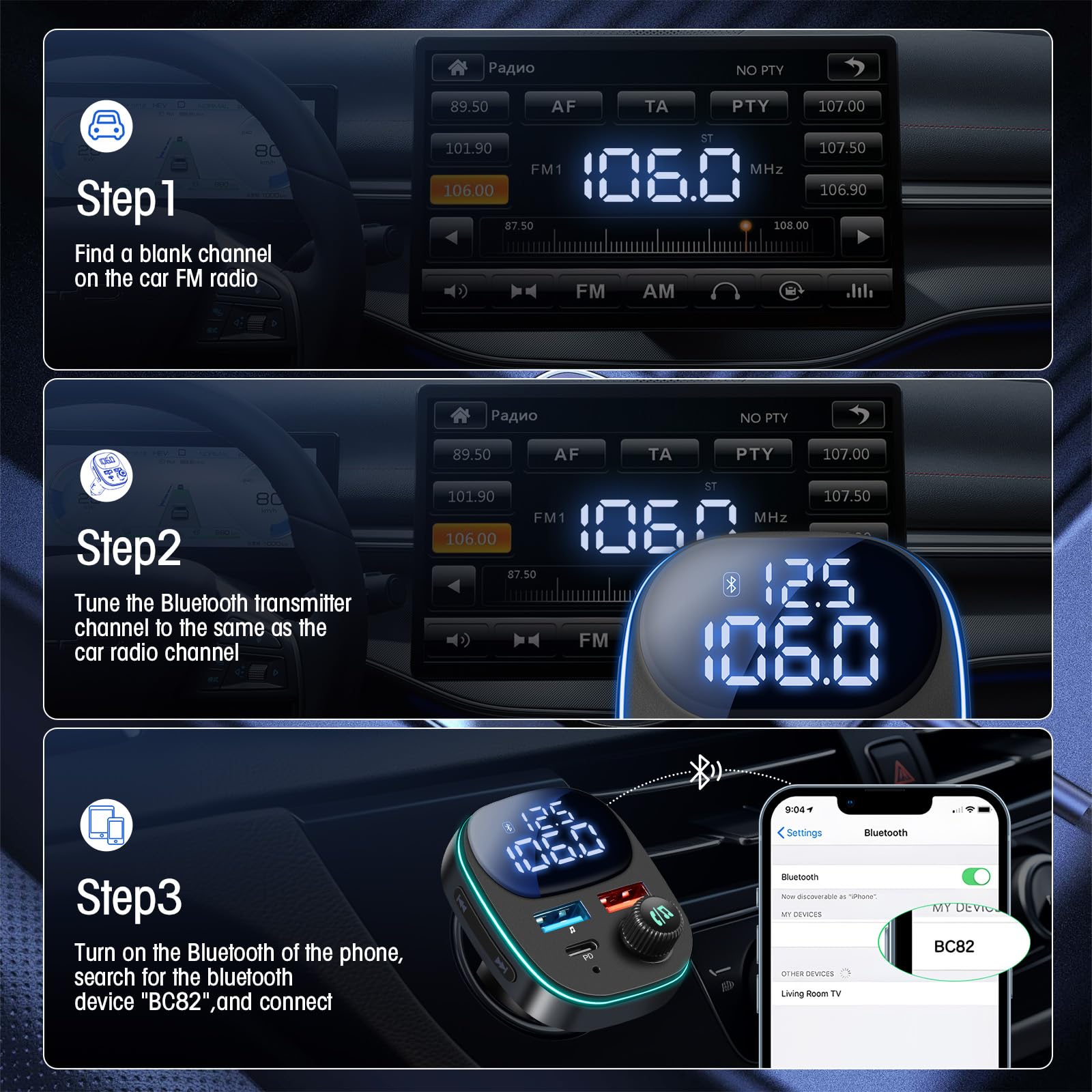Hoppac Trasmettitore Bluetooth 5.3 Per Auto, PD 30W & QC 3.0 Adattatore Bluetooth Auto Per La Ricarica Rapida, Display LED,Per Ascoltare Musica e Telefonare in Vivavoce