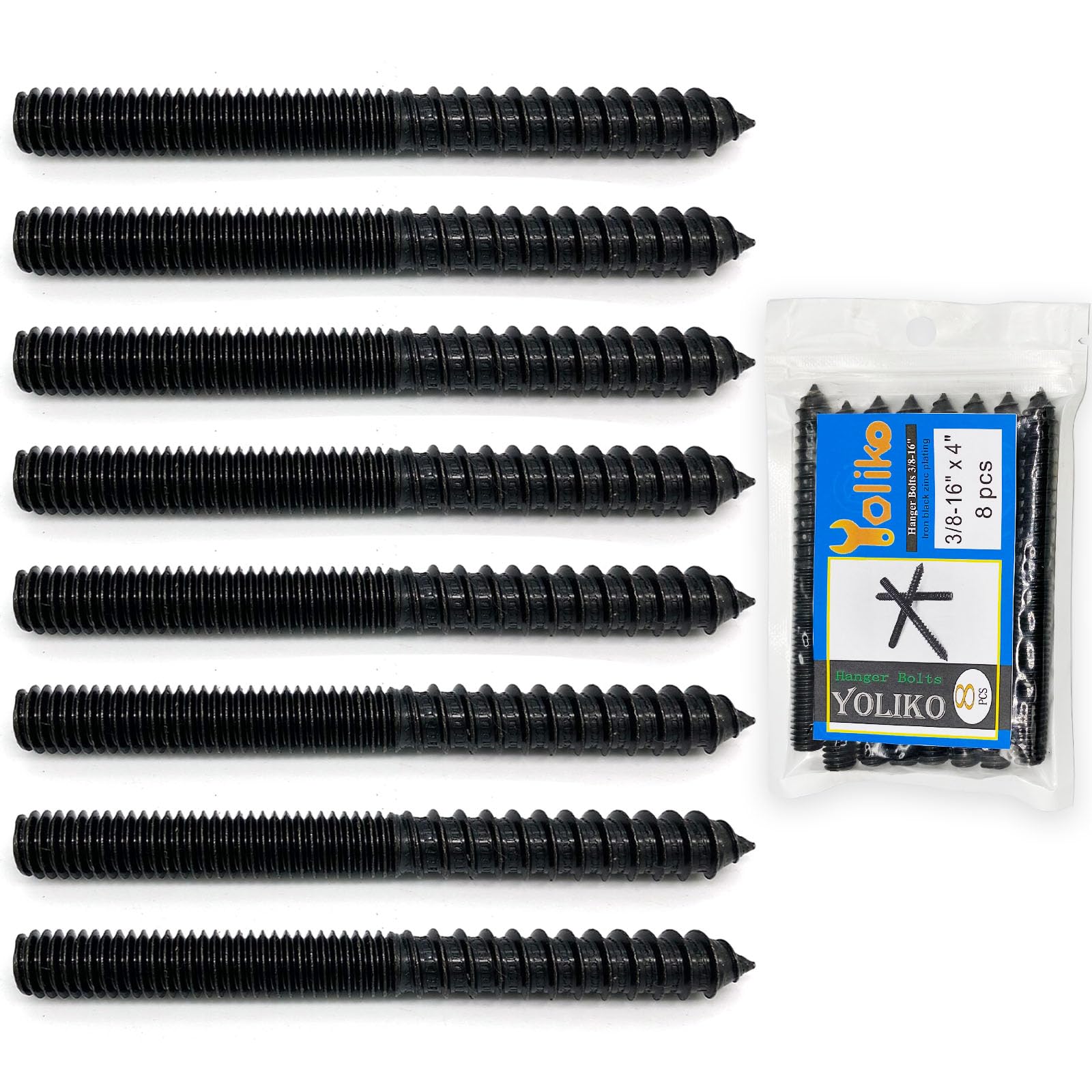 Yoliko 8 Pack 3/8-16 x 4 Inch Black Hanger Bolts 3/8-16" Double Headed Bolts 3/8 Wood Dowel Screw Self-Tapping Screw Hanger Bolts for Furniture Screws