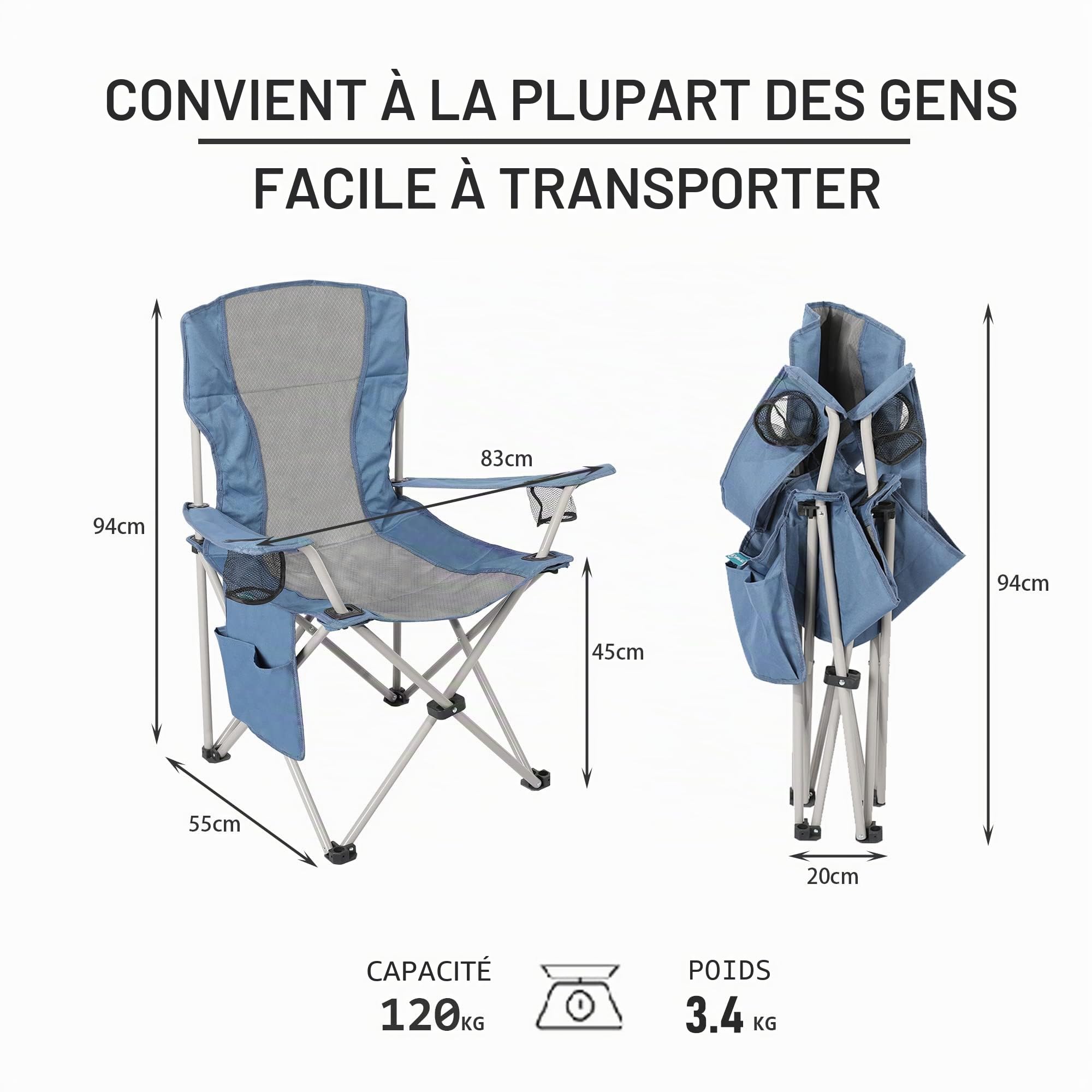 Homecall Chaise de camping pliable avec poche latérale (Gris/bleu)