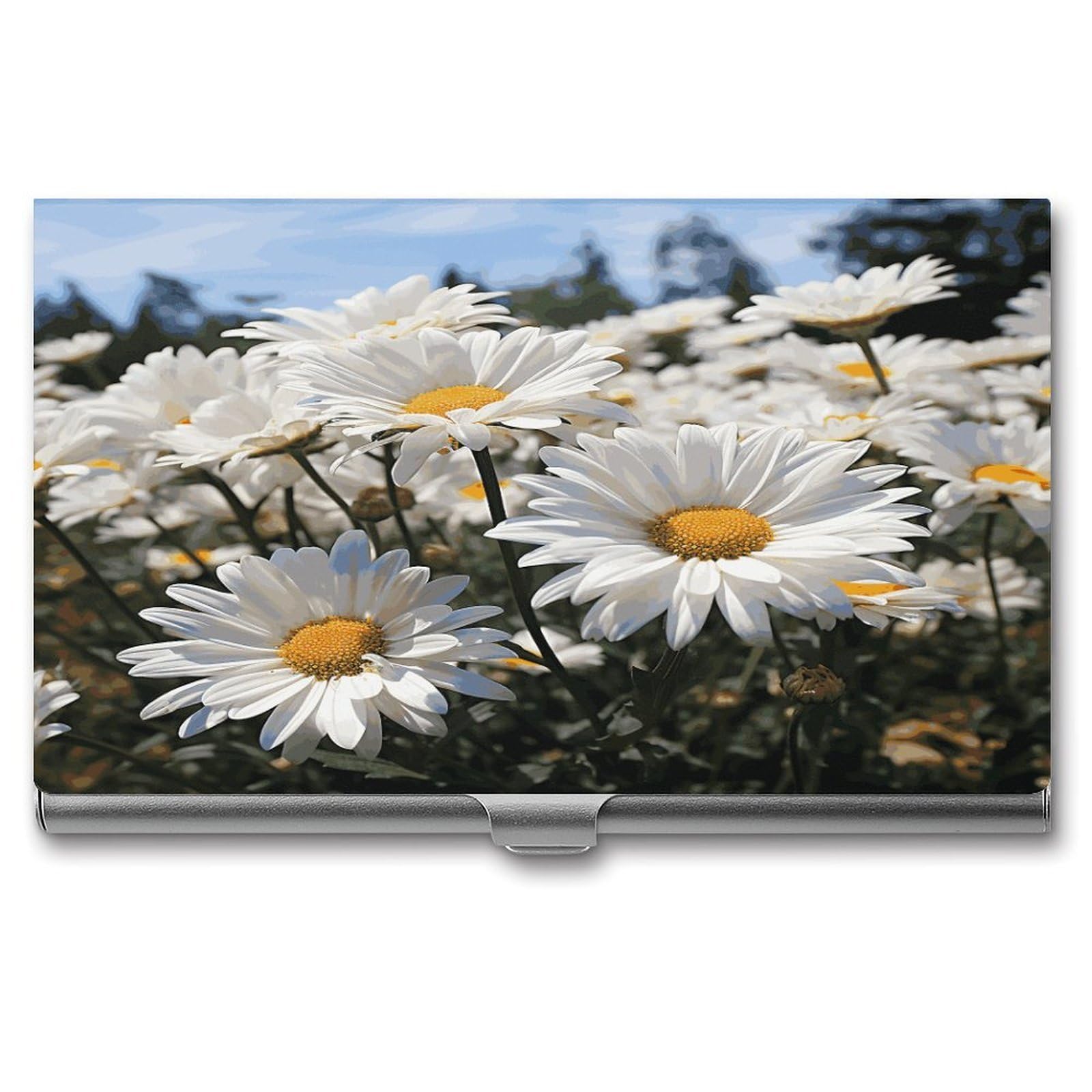 LDGSUPH Wild White Daisies Business Card Holder Fashion Slim Name Card Holder Minimalist Design Case Metal Card Carrier Personalized Business Card Case with Flip for Men Women