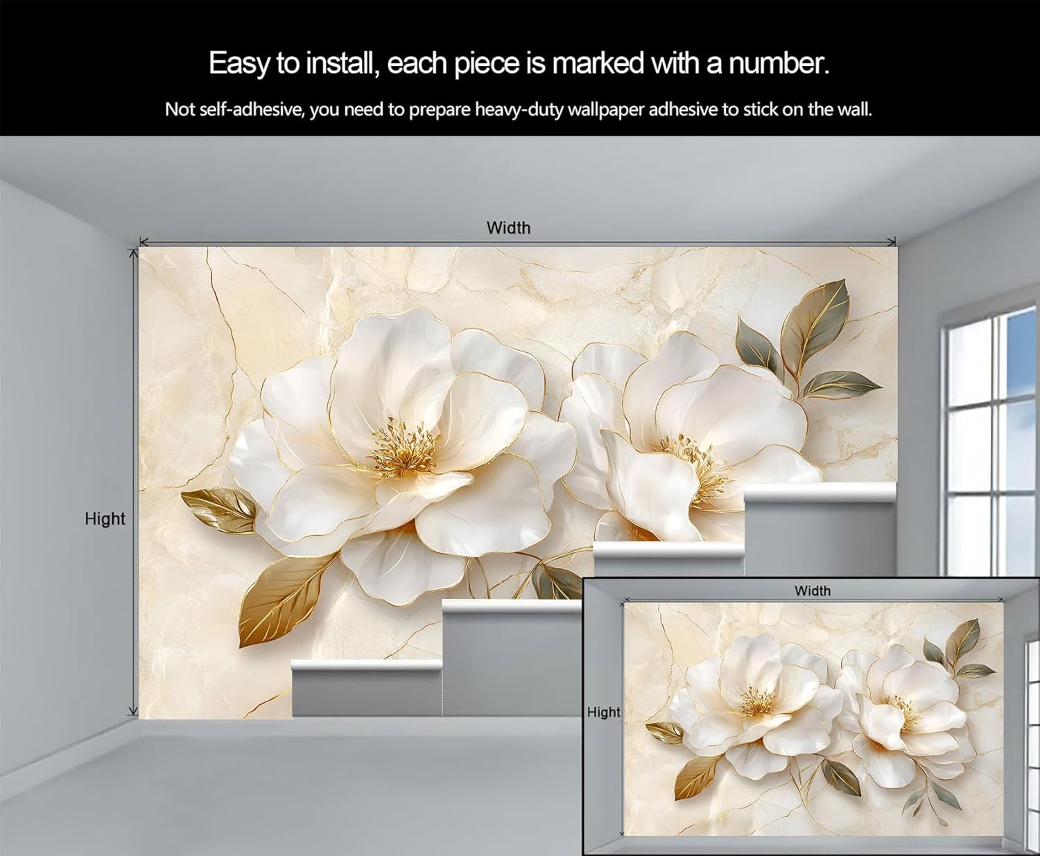 Marble Flowers Wall Mural, Minimalist Flowers 3D Wallpaper, Large Mural for Living Room Bedroom TV Background Hotel Bar Decor - 78.7" W x 55.1" H