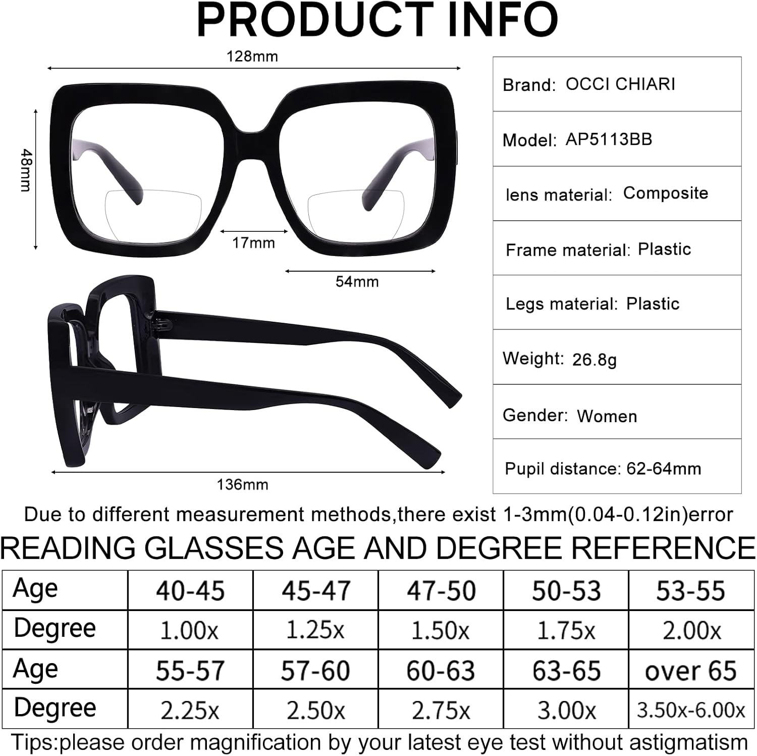OCCI CHIARI Bifocal Reading Glasses Women Oversized Blue Light Blocking Readers 1.0 1.25 1.5 1.75 2.0 2.25 2.5 2.75 3.0 3.5 - Image 6