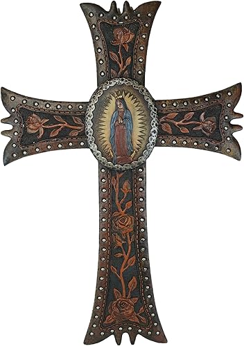 Ebros Gift Religioso inspirador católico Nuestra Señora de Guadalupe María con rosas rojas florales y cabezas de clavos diseño cruz de pared en