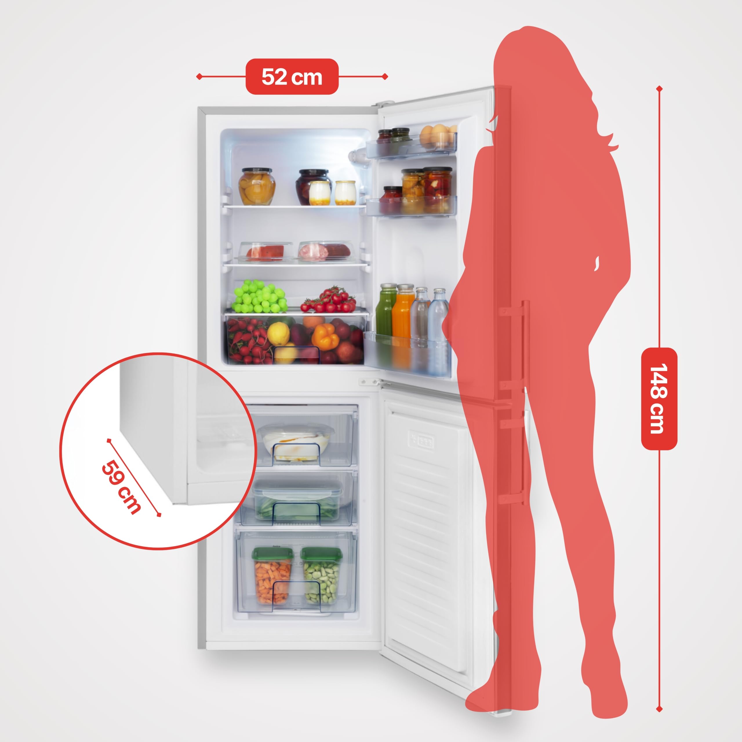 Amica Kühl-Gefrierkombination 138 L 148x52x59 cm KGC 384 111 E | 93 L Kühlteil, 45 L Gefrierteil, Automatische Abtauung, LED Beleuchtung, Gemüseschublade, 3 Gefrierschubladen, Eiertablett