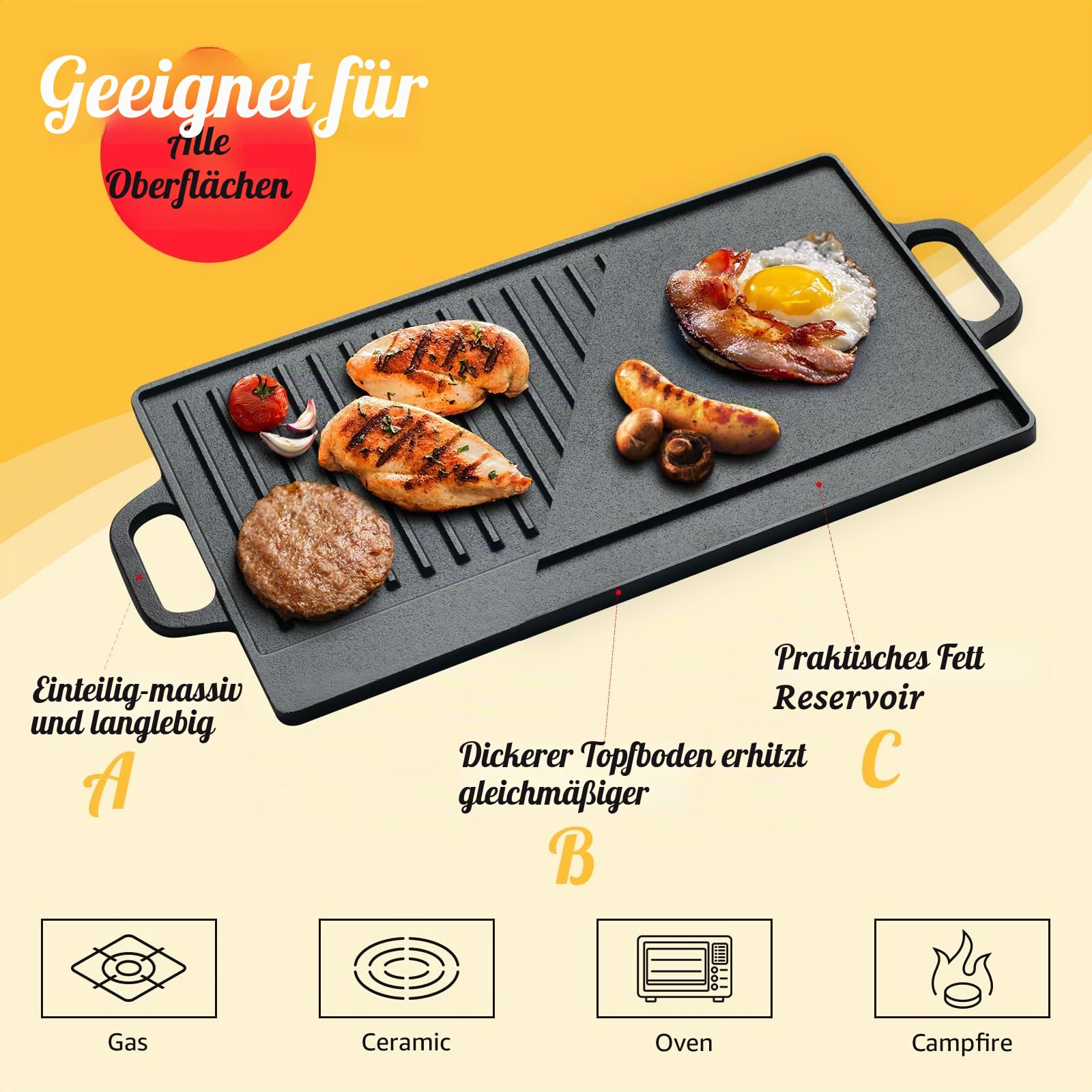 OVERMONT Gusseisenplatte Grillplatte Gusseisen Doppelseitiger Grill mit Griffen 50,8 x 23,4 cm für BBQ Ofen Herd Holzkohlegrill Gasgrill