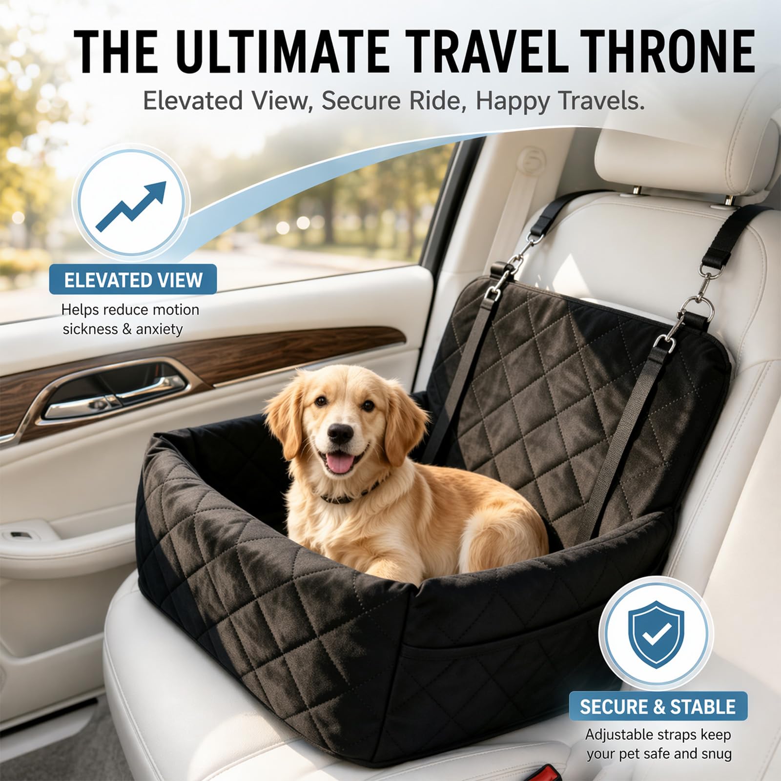 Seggiolino auto per cani, sedile posteriore per cani, con memory foam spessa, sedile sicuro per cani per auto con spessa memory foam, 2 cinture di sicurezza e fodera lavabile