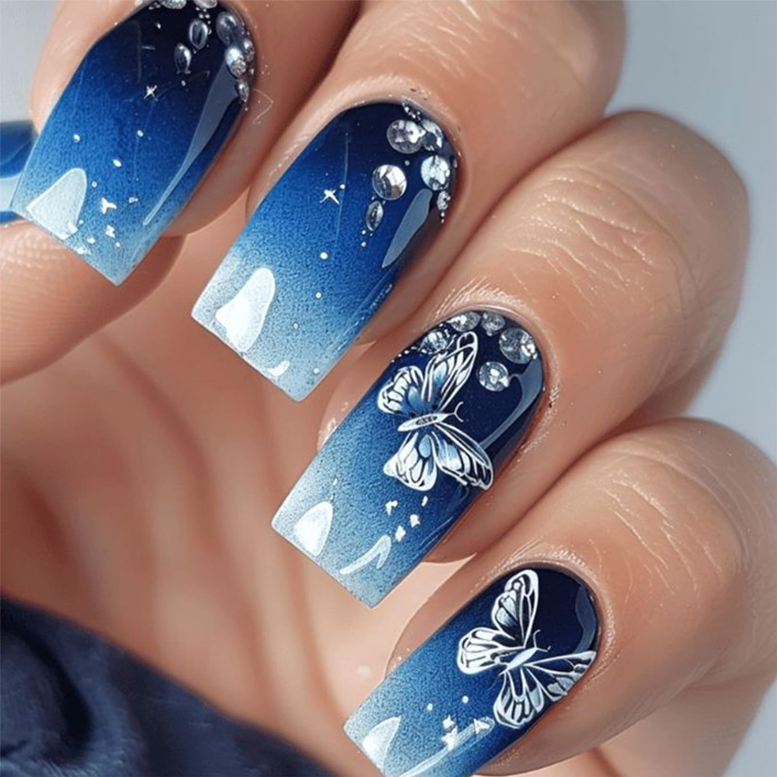 Gradient Blue Press on Nails Medium Square Fake Nails with Butterfly Designs Spring False Nails Rhinestones Acrylic Nails Glossy Glue on Nails Full