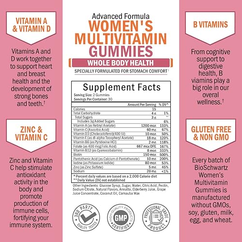 Vista 4 de Gomitas multivitamínicas para mujer con vitamina A, C, B6, B12, vitaminas D y E para apoyo inmunológico, multivitamínico gomoso para mujeres
