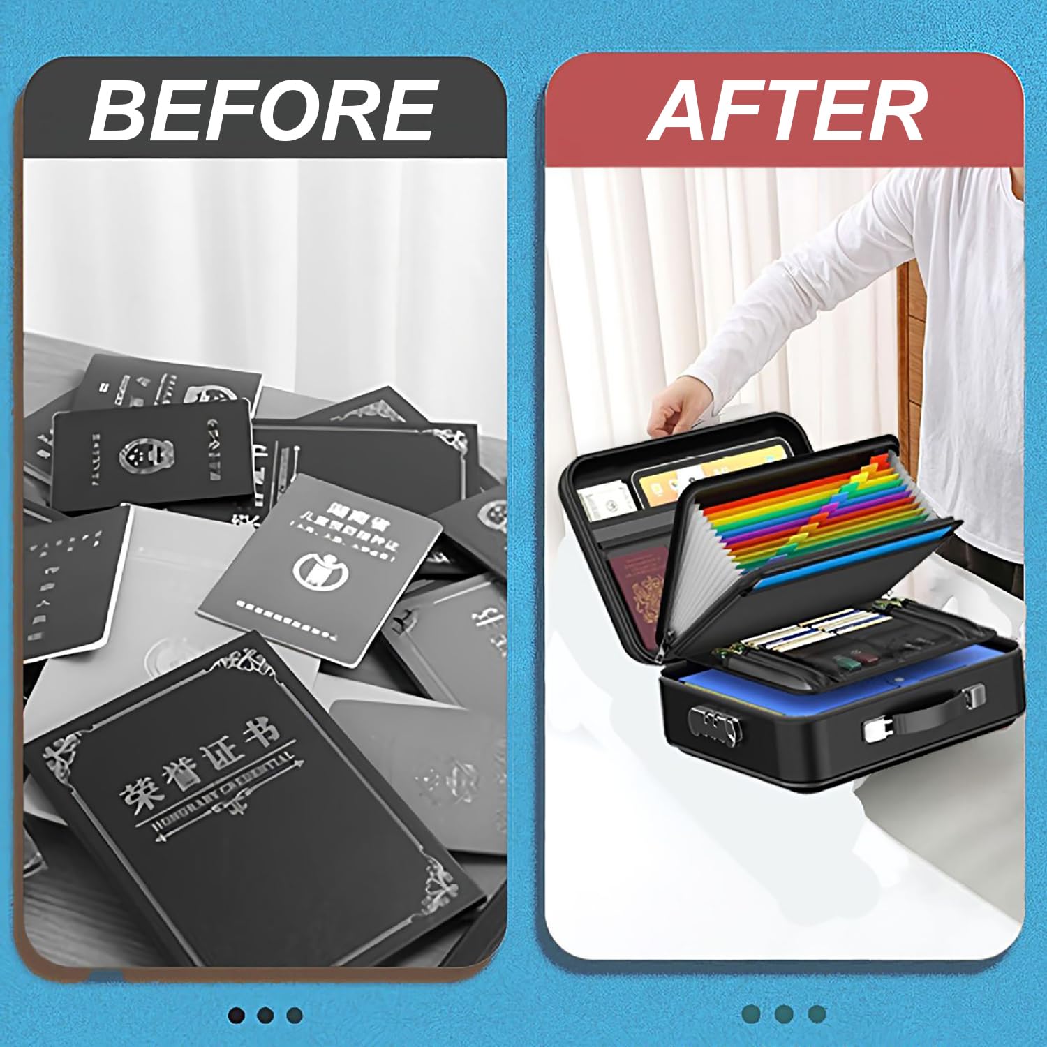 Caja de Documentos Ignífuga,Funda Rígida para Documentos con Cerradura de Combinación y 13 Compartimentos,5200°F Mejorado con Aislamiento Térmico, Caja de Almacenamiento Ignífuga e Impermeable