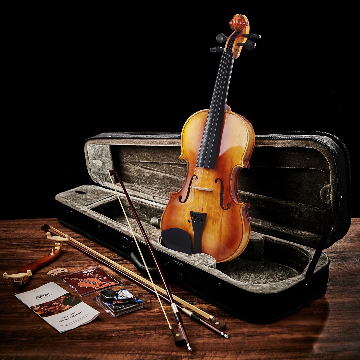 Eastar Ensemble de violon 4/4 en bois massif avec étui rigide, archets, accordeur et cordes supplémentaires EVA-330