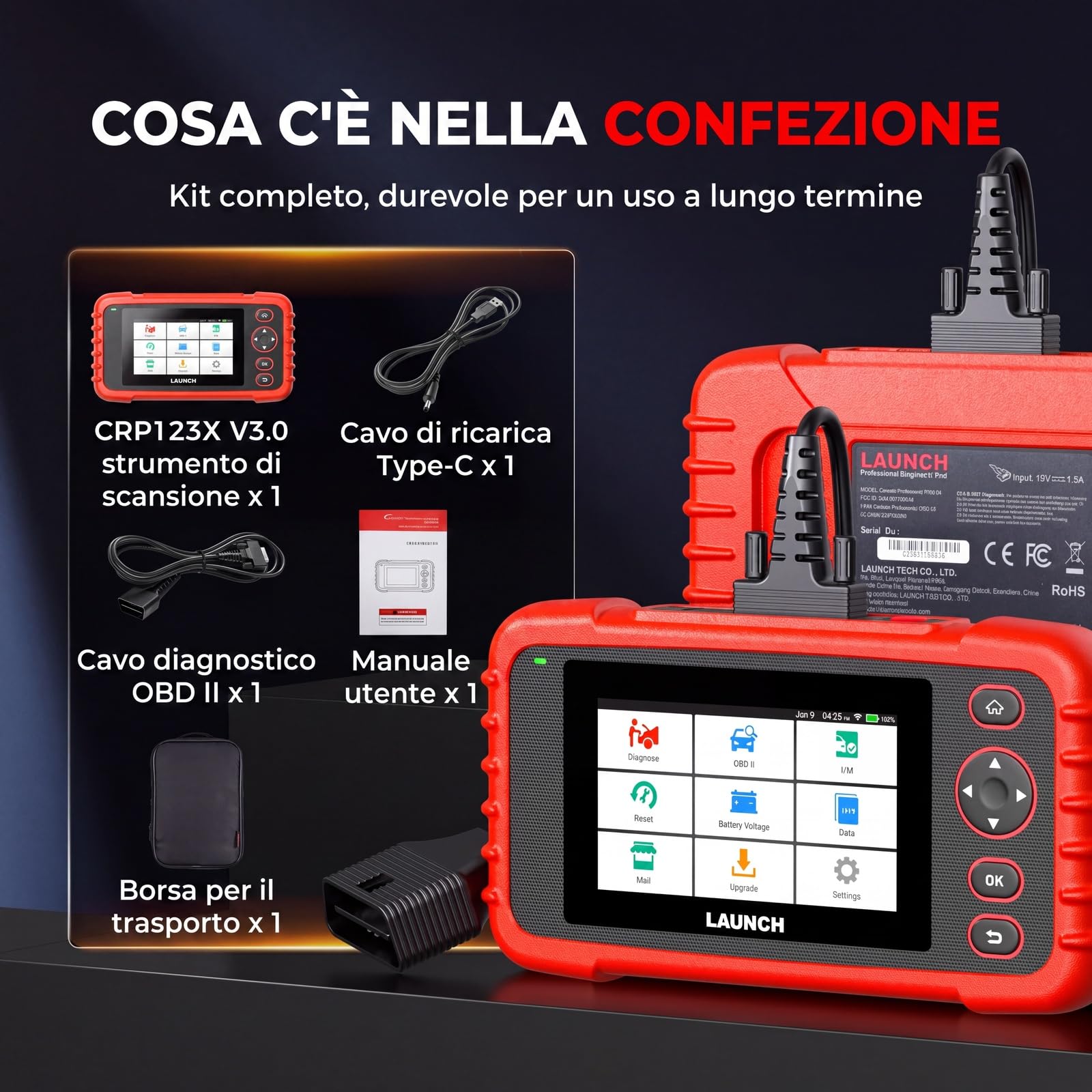 LAUNCH CRP123X V3.0 64G - Dispositivo diagnostico professionale OBD2 per tutte le auto e marche, diagnosi a 4 sistemi con reset: EPB DPF servizio olio, SAS/BMS test batteria, lettura VIN incluso a