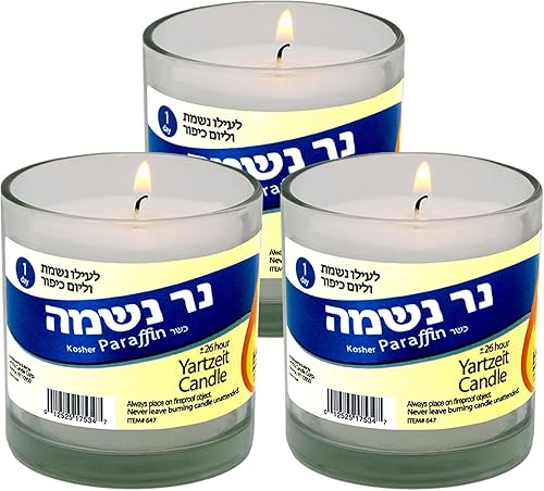Miniatura 1 de Yahrzeit - Velas conmemorativas Ner Neshama 26 horas Kosher Yizkor Yarzheit, velas de recuerdo judío de 1 día, paquete de 3 en tarro de vidrio
