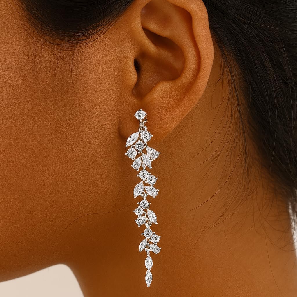 Long Tassel 925 Sterling Silver Drop Clip On Earrings for Women, Cubic Zirconia CZ Dangle Drop Earrings Non Pierced Earrings for Wedding Party - Image 5