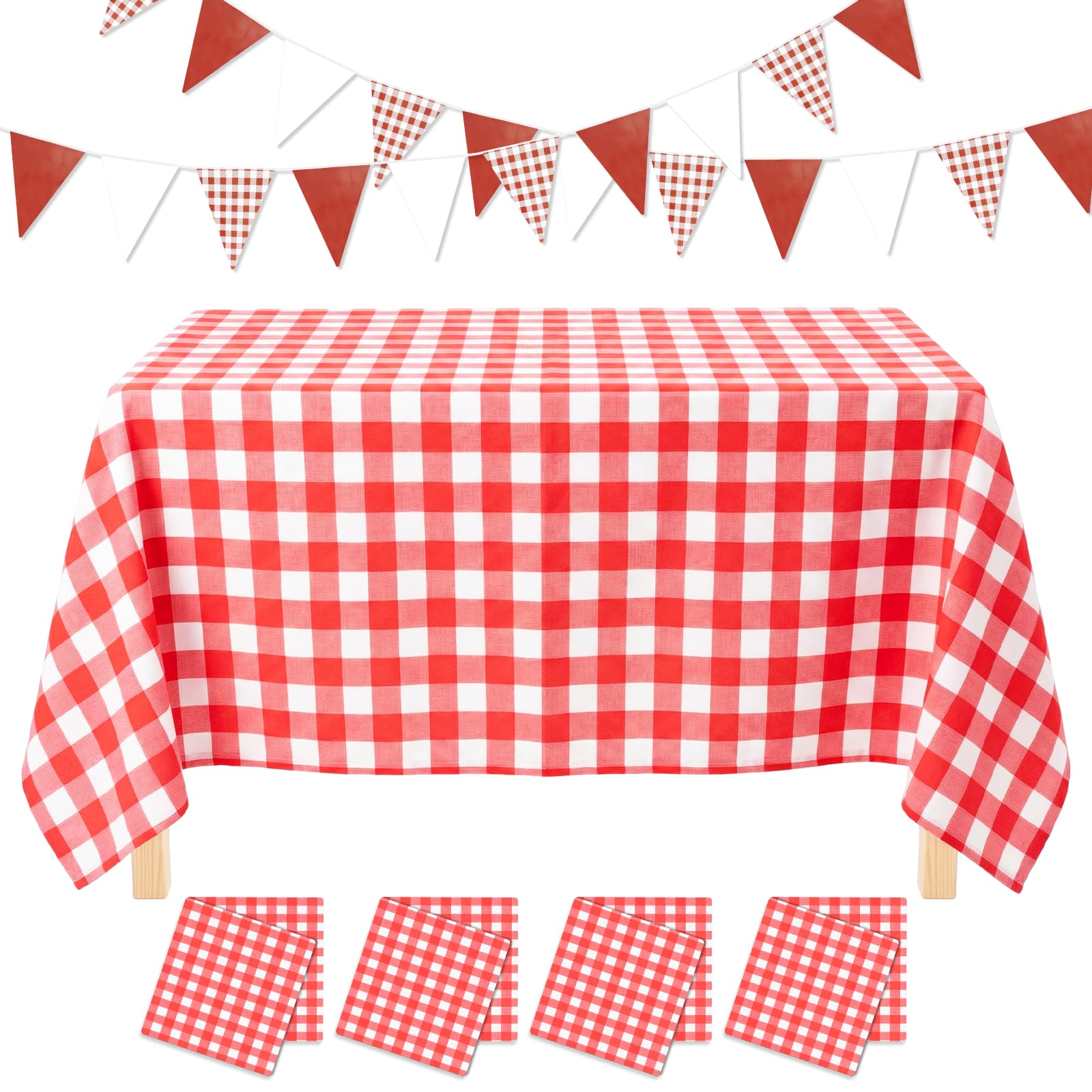 4Pcs Red White Gingham Tablecloth+2Pcs Bunting Flags for Party Decor