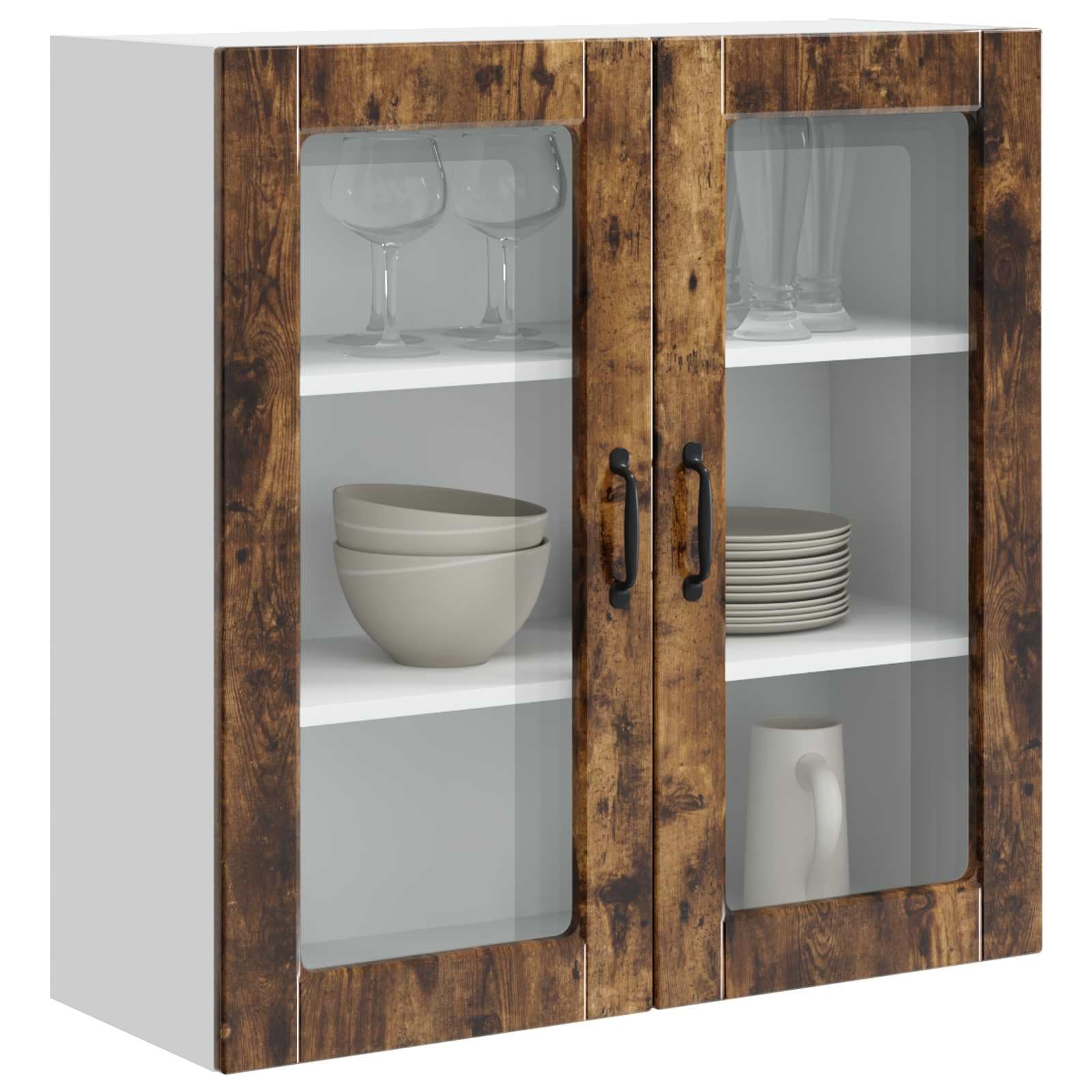 Porto szafka ze szkła ściennego, dąb wędzony, 80 x 31 x 80 cm, materiał drewnopochodny z 3 półkami, montaż na ścianie, wąska szafka kuchenna do jadalni, korytarza, spiżarni, miejsca do