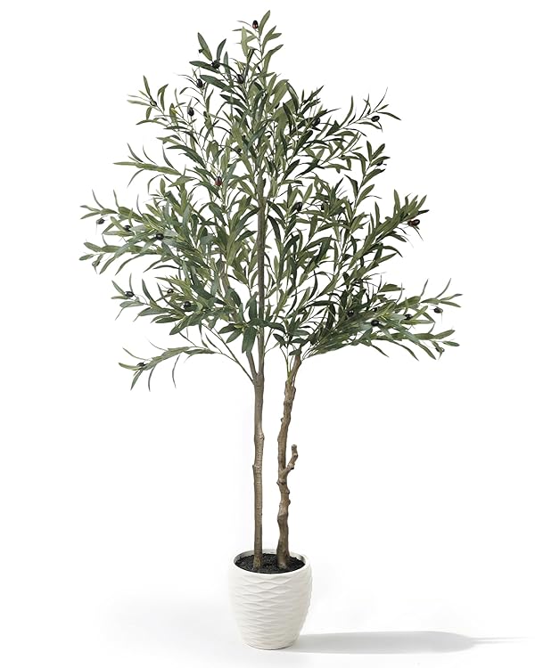 KOL 5.2ft Artificial Olive Tree Indoor, Tall Faux Olive Trees, Fake Olive Tree Floor Plant for Home Office Living Room Decor with Matte Beige Pot by KOL - Used condition - US$49.50