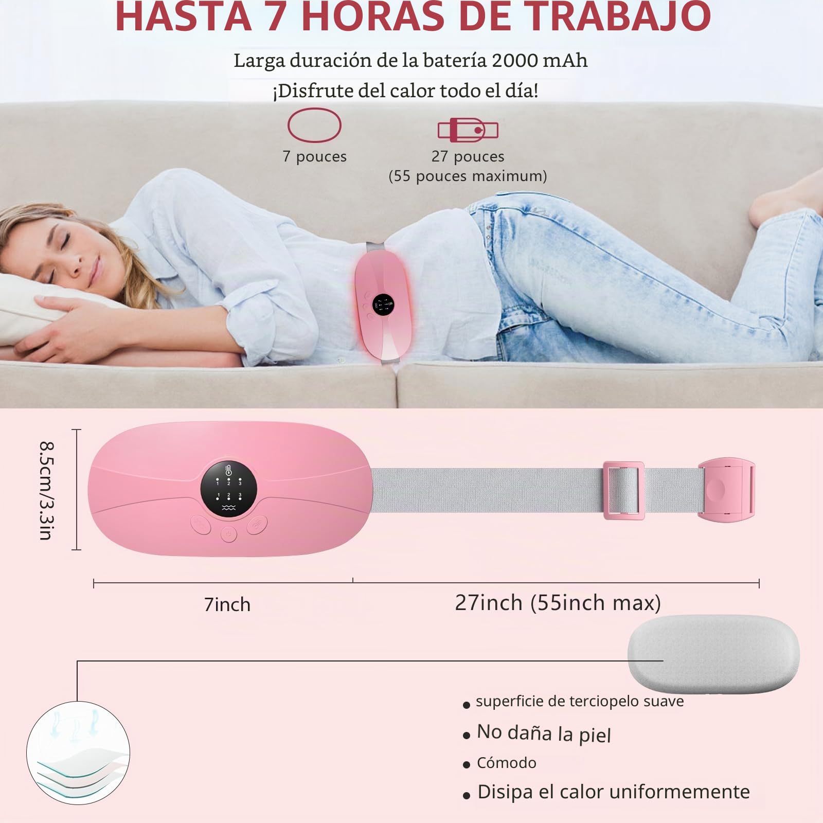 Almohadilla Térmica Menstrual, KBCASE Portátil Cinturón de Calentamiento Eléctrico Inalámbrico Almohadilla de Calefacción 3 Modos de Masaje para Período Menstrual Alivio del Dolor de Espalda (Rosa)