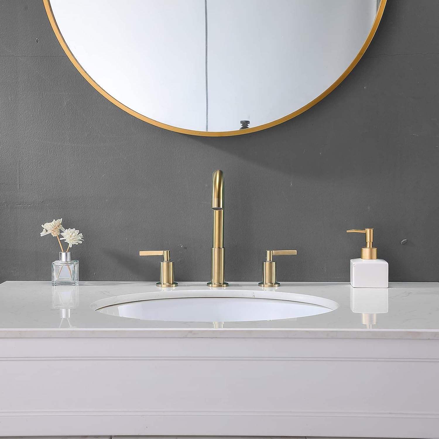 KINGO HOME Modern 3 Hole Widespread Brushed Gold Bathroom Faucet, Brushed Brass Gold Vanity Faucet with 2 Handles, Pop Up Drain Stopper