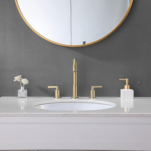 Miniatura 5 de KINGO HOME Moderno grifo de baño de oro cepillado de 3 agujeros, grifo de tocador dorado de latón cepillado con 2 asas, tapón de drenaje desplegable