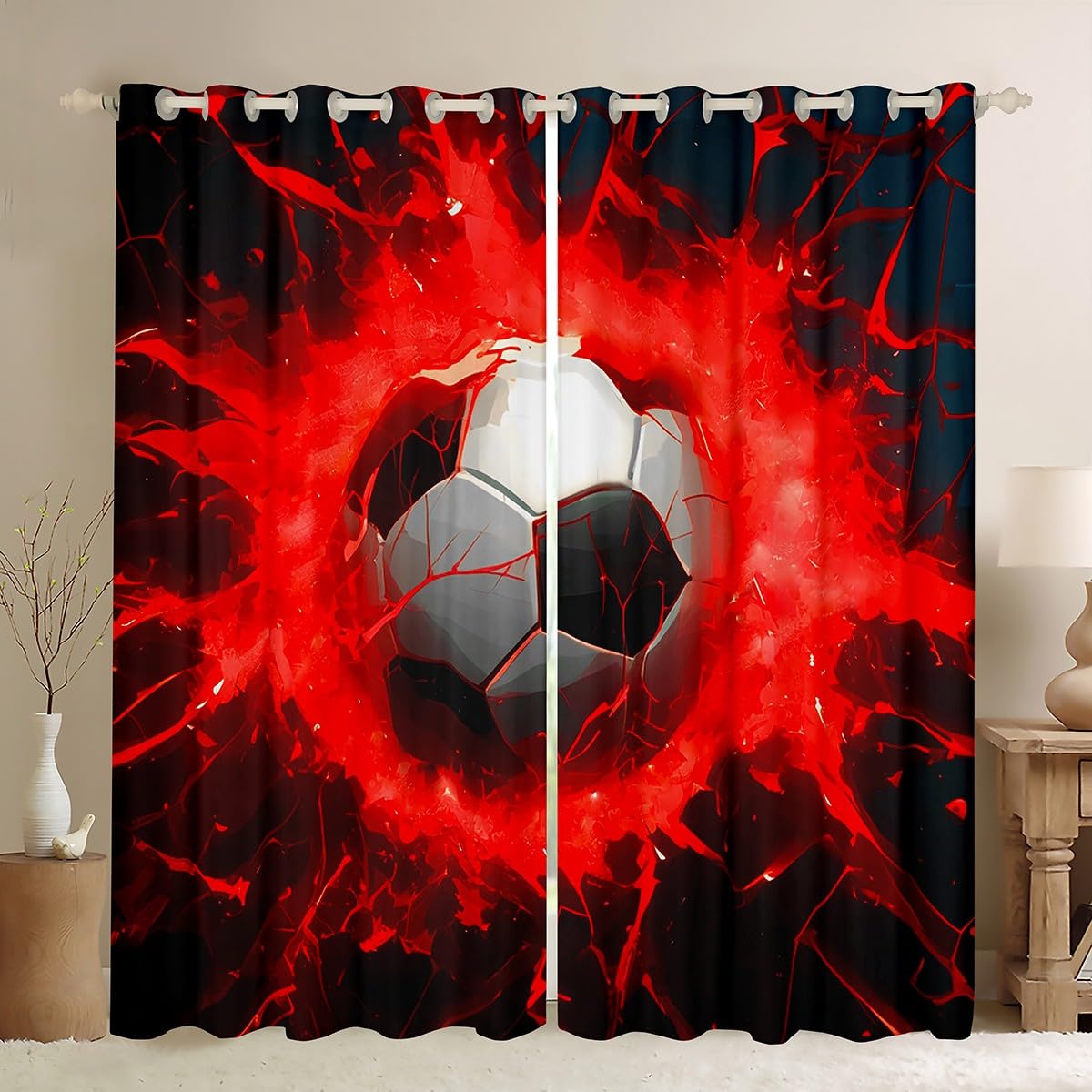 Feelyou Football Curtain for Bedroom Living Room Kids Sports Theme Darkening Drapes Women Men Red Black Soccer Ball Pattern Window Curtains Ball Game Decor Window Treatments (2 Panels? 42 x 63 Inch)