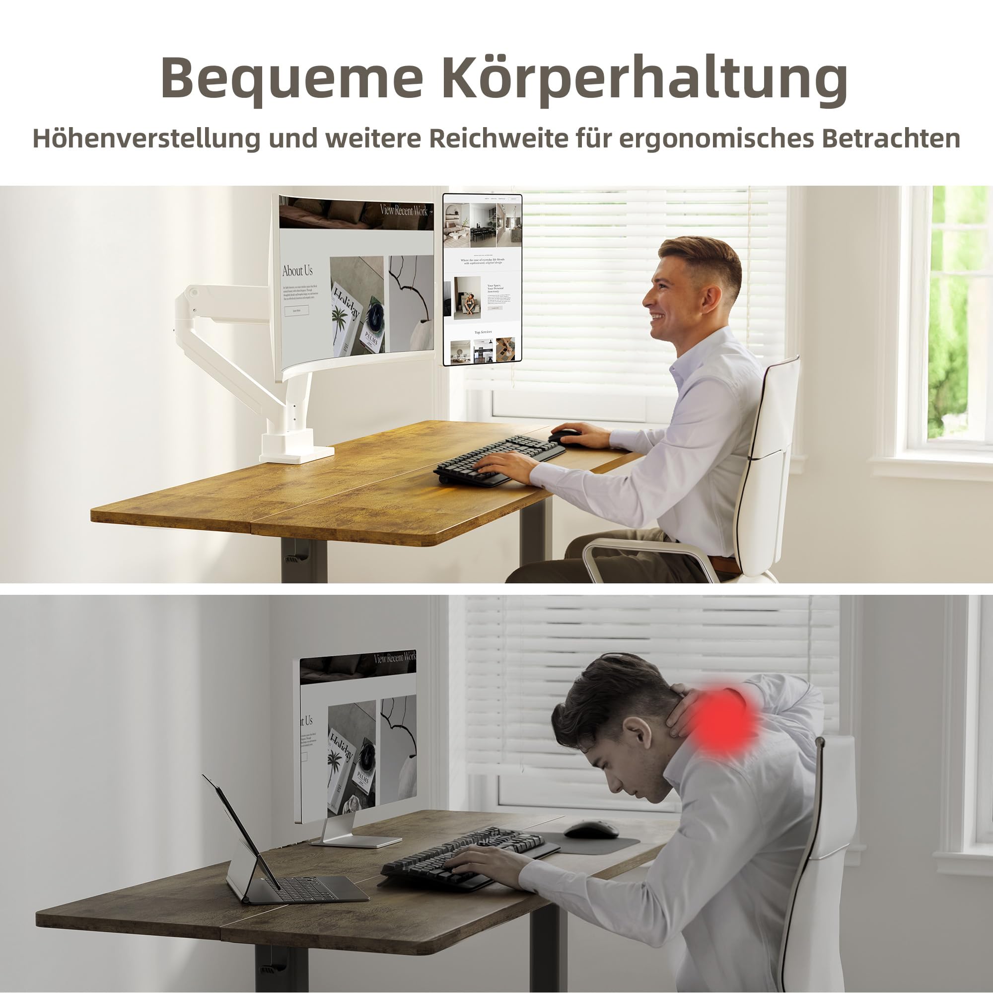 Claiks Monitor Halterung 2 Monitore für bis 17-49 Zoll Curved und Flach, Dual Monitor Halterung Höhenverstellbar Neigbar Schwenkbar Drehungbar,VESA 75x75/100x100 mm,Hält 1~20 kg,Weiß