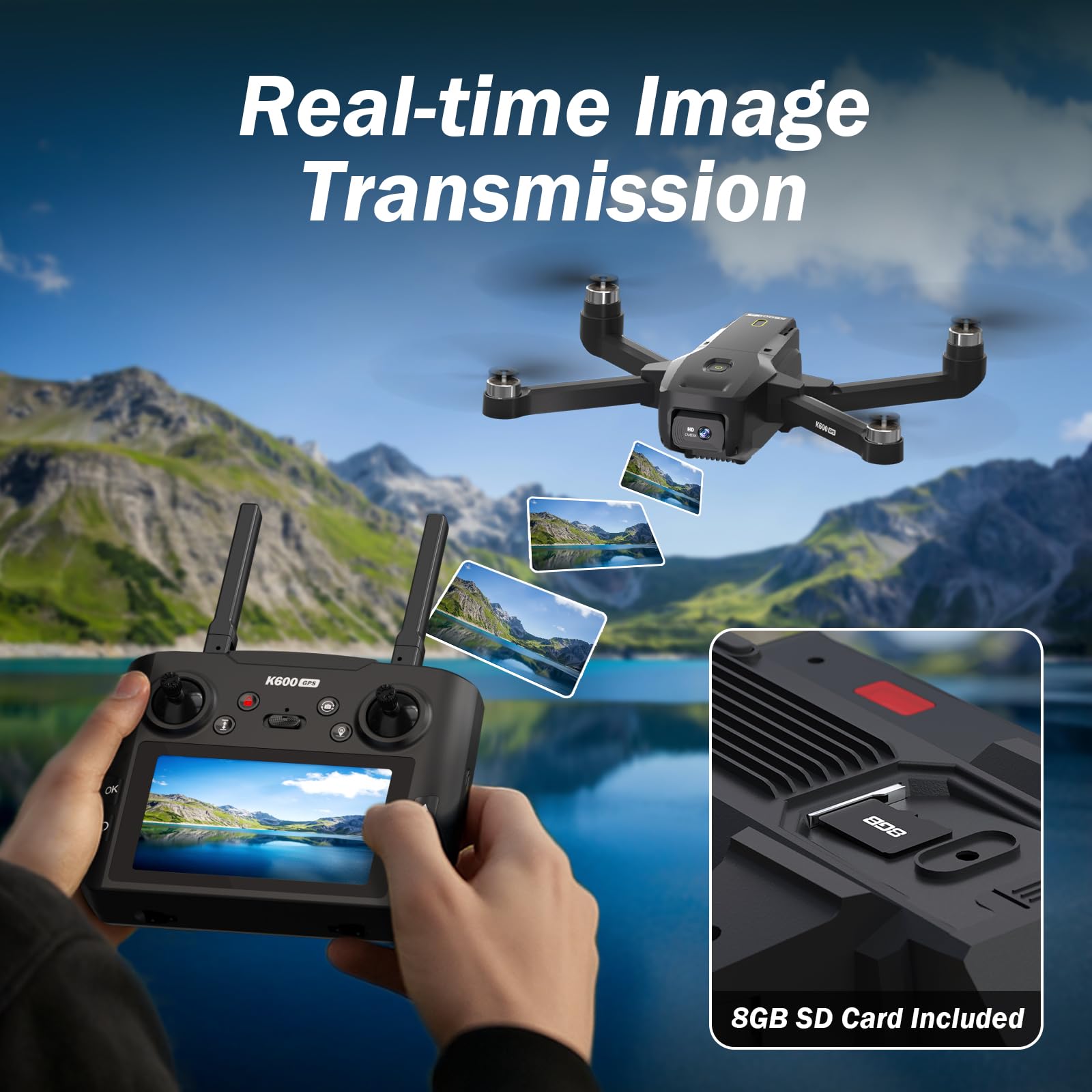 K600GPS Drohne mit 1080P EIS Kamera, 4,5'' FPV Bildschirm, Automatische Rückkehr, Bürstenloser Motor, RC Quadrocopter für Erwachsene, Kinder und Anfänger, Gestensteuerung, 22 Minuten Flugzeit