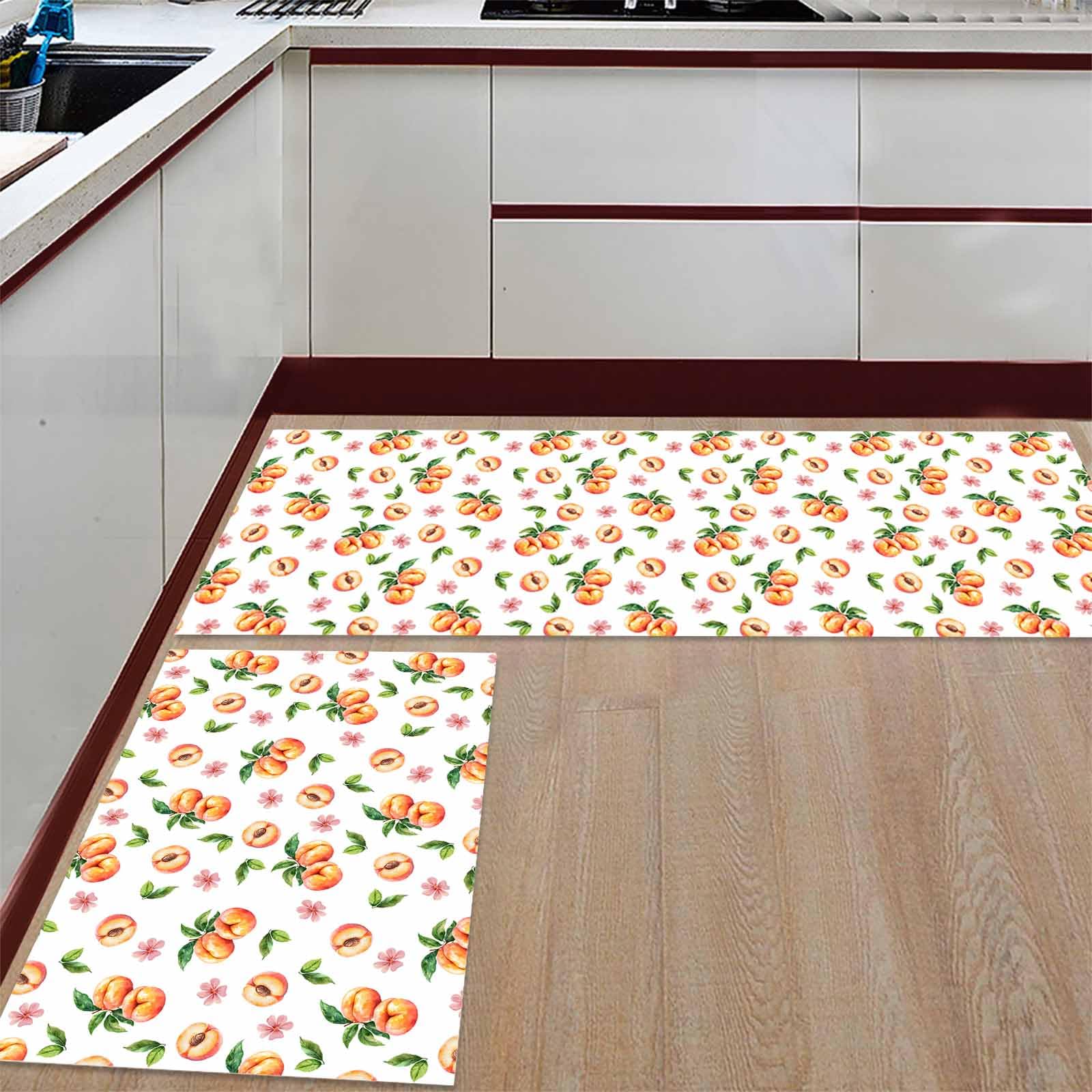 2 Pieces Kitchen Rugs and Mats,Summer Peach Flower Leaf Area Runner Rug Set Non Slip Floor Doormat Washable Carpet Standing Mat for Kitchen Sink Indoor Corridor,Seamless Rustic Fruit Theme