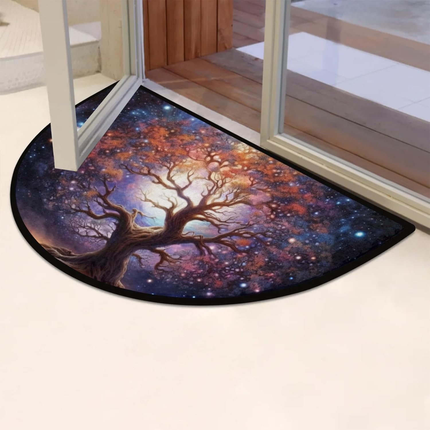 cfpolar Half Round Door Mat Tree of Life Starry Sky Non-Slip Semi Circle Area Rug Washable Semi Circle Floor Rug for Indoor Outdoor Living Room Bathroom Kitchen Patio Hearth Rugs Home Decoration